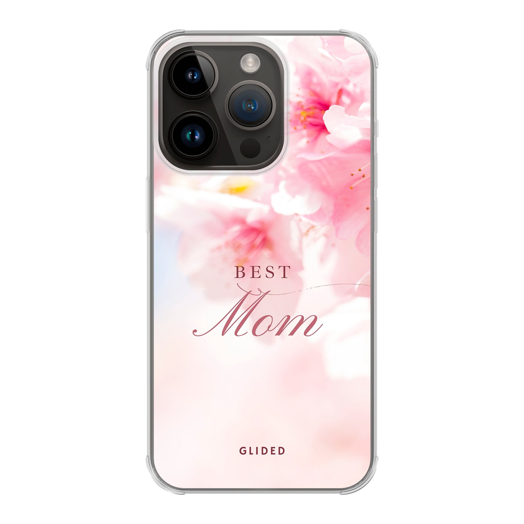 Flower Power iPhone 14 Pro Handyhülle mit rosa Blumen und 'Best Mom'-Aufschrift, ideal als Geschenk für Mütter.