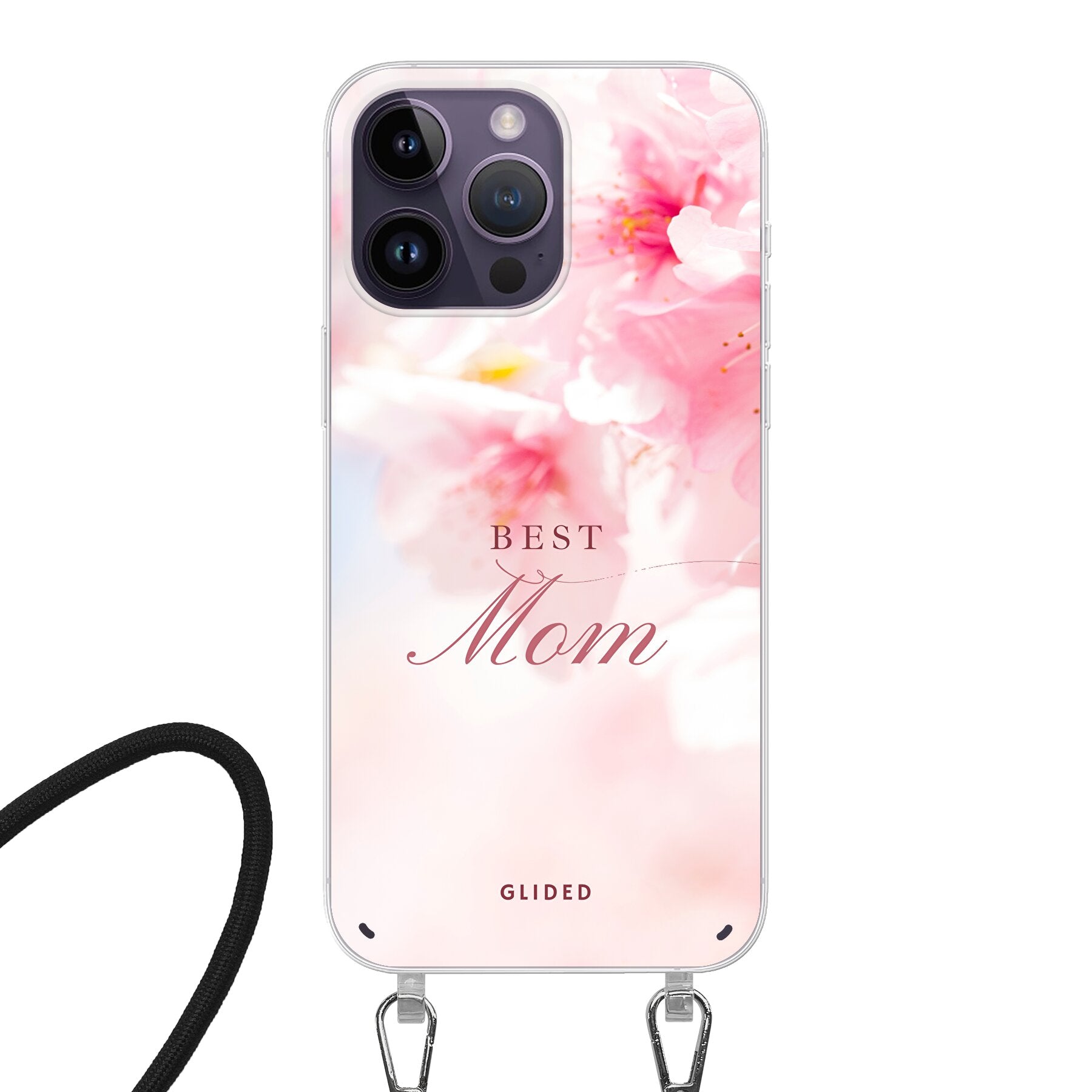 Flower Power iPhone 14 Pro Handyhülle mit rosa Blumen und 'Best Mom'-Aufschrift, ideal als Geschenk für Mütter.