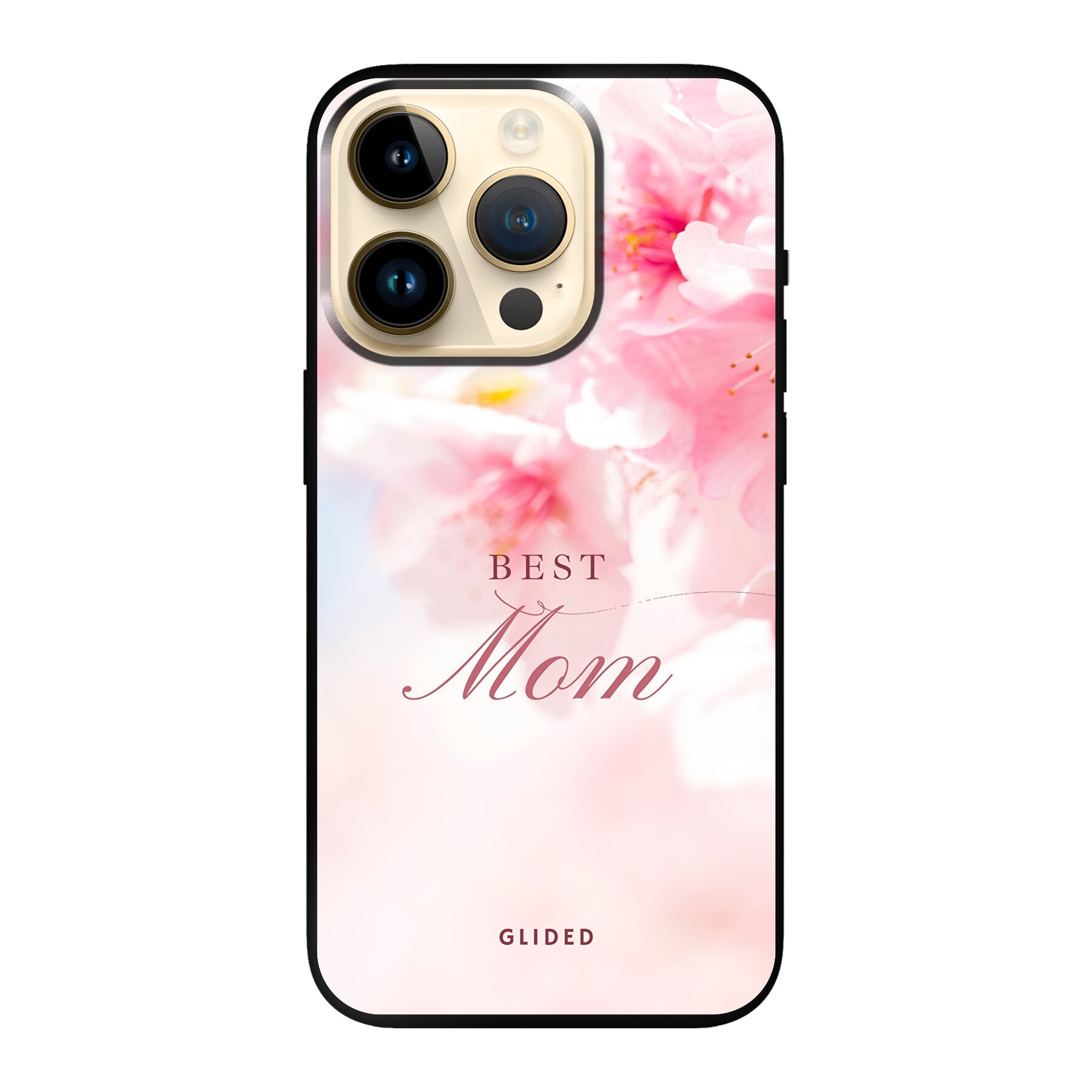 Flower Power iPhone 14 Pro Handyhülle mit rosa Blumen und 'Best Mom'-Aufschrift, ideal als Geschenk für Mütter.