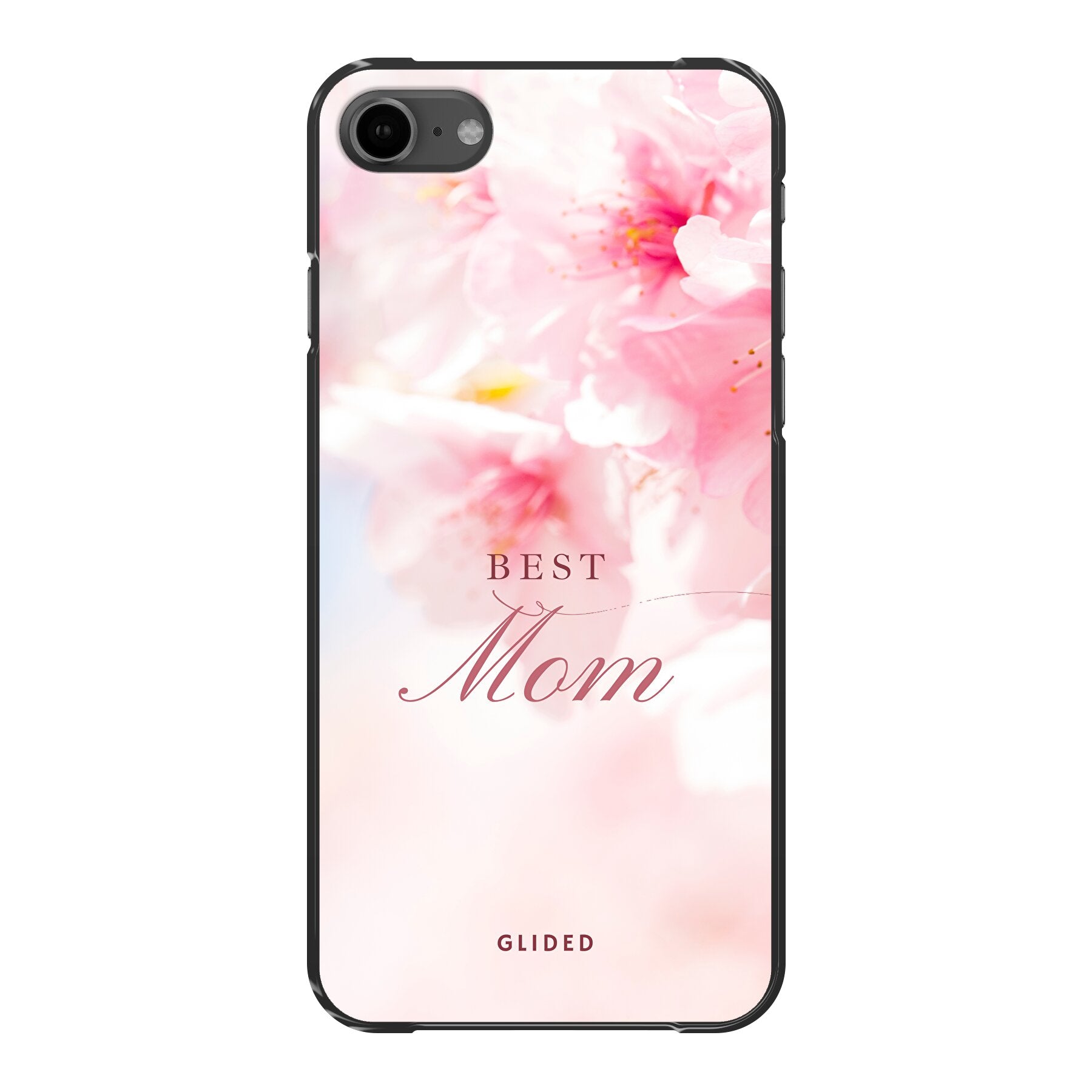 Flower Power iPhone SE 2020 Handyhülle mit rosa Blumen und 'Best Mom'-Aufschrift, ideal für Mütter.