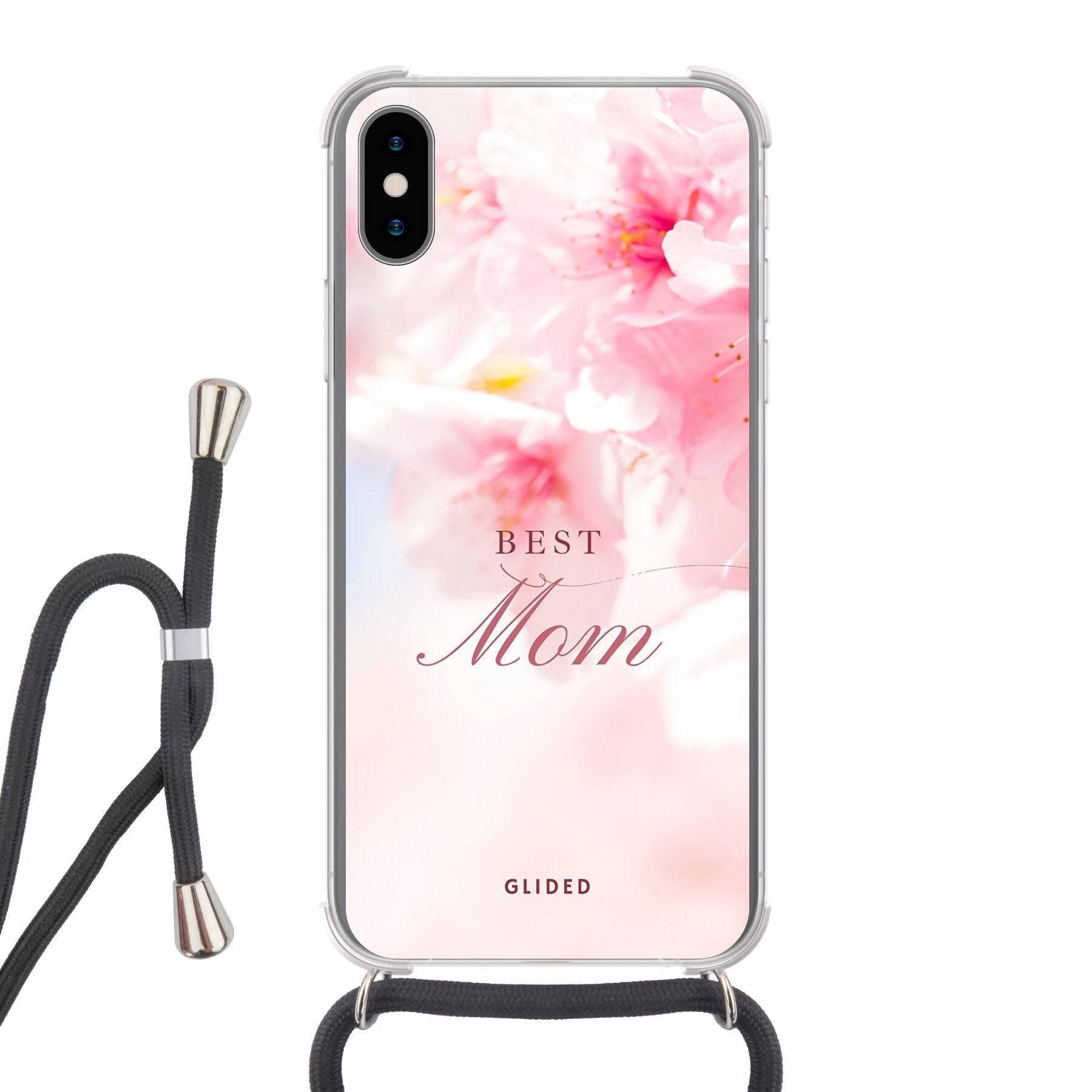 Flower Power iPhone X/Xs Handyhülle mit rosa Blumen und 'Best Mom' Aufschrift, ideal als Geschenk für Mütter.