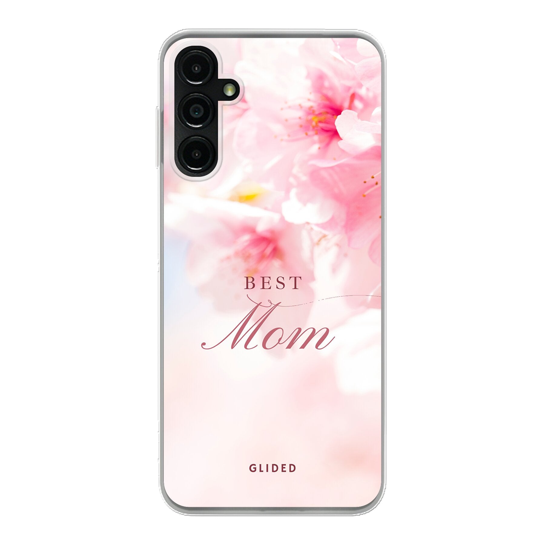 Flower Power Handyhülle für Samsung Galaxy A14 5G mit rosa Blumen und 'Best Mom' Aufschrift, ideal als Geschenk für Mütter.