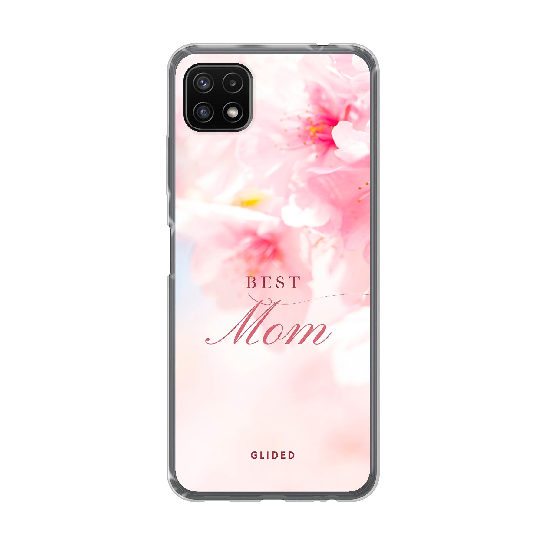 Flower Power Handyhülle für Samsung Galaxy A22 5G mit rosa Blumen und der Aufschrift 'Best Mom', ideal als Geschenk für Mütter.