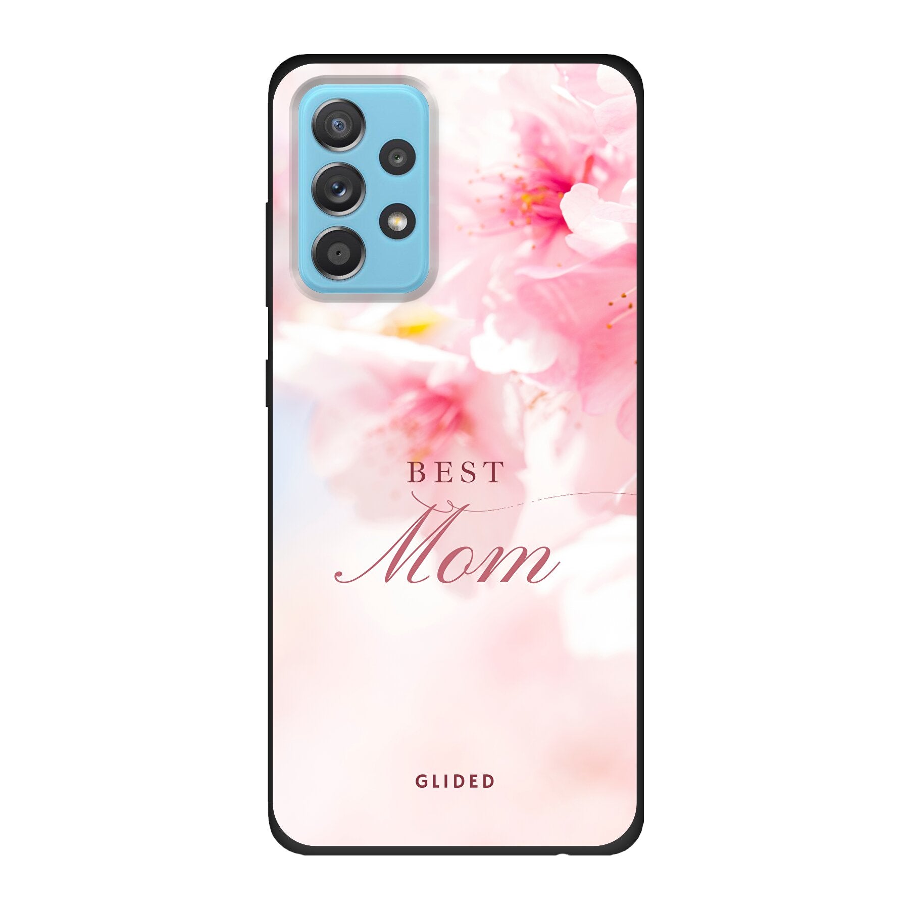 Flower Power Handyhülle für Samsung Galaxy A53 5G mit rosa Blumen und 'Best Mom' Aufschrift, stilvoll und schützend.