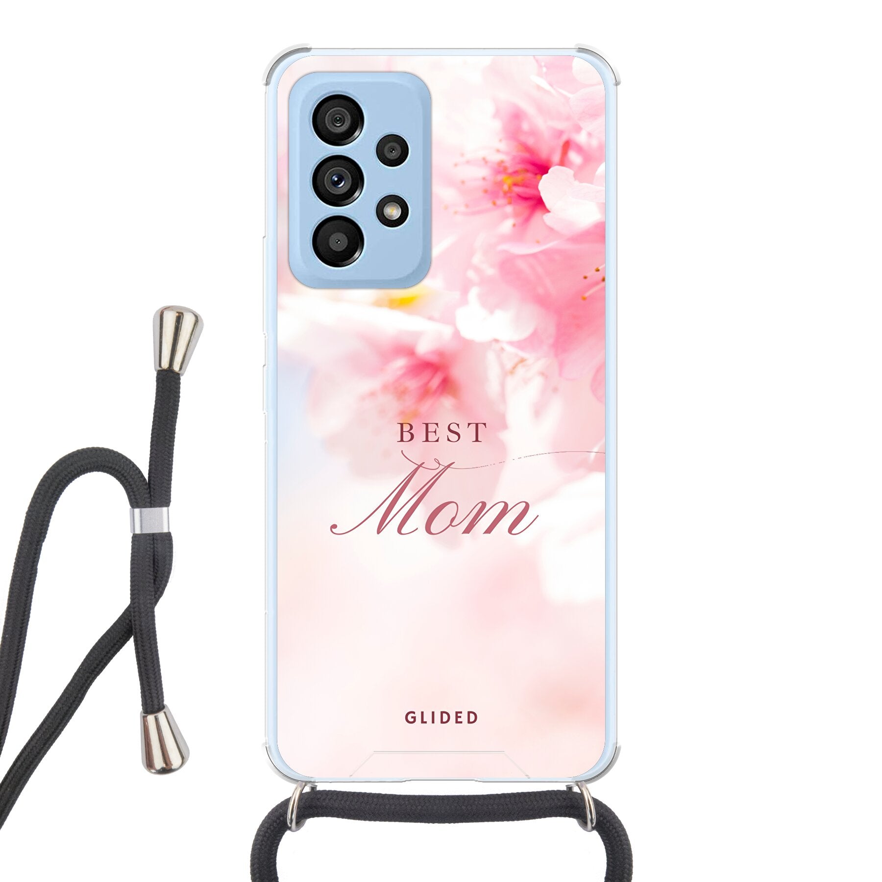 Flower Power Handyhülle für Samsung Galaxy A53 5G mit rosa Blumen und 'Best Mom' Aufschrift, stilvoll und schützend.