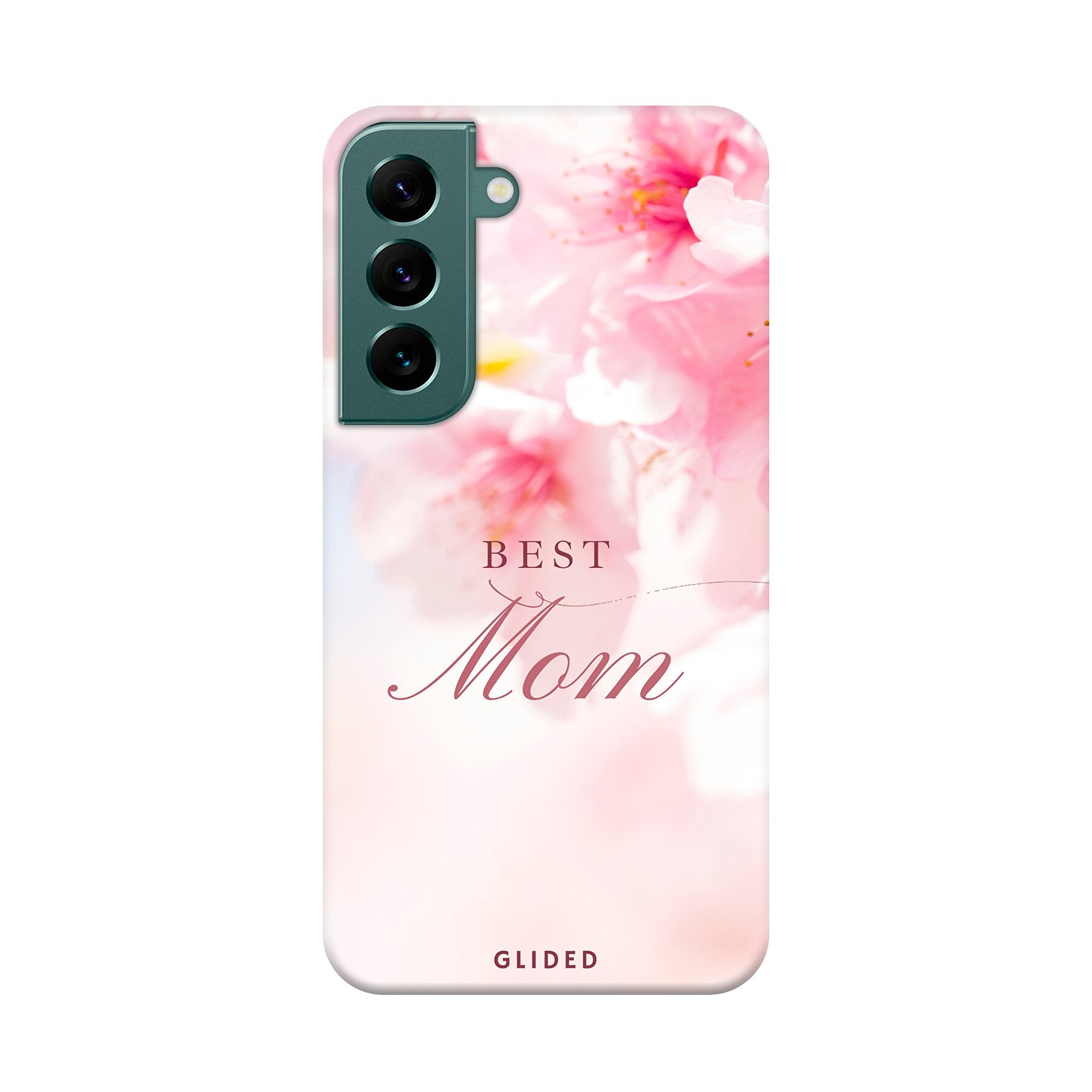 Flower Power Handyhülle für Samsung Galaxy S22 mit rosa Blumen und der Aufschrift 'Best Mom', ideal als Geschenk für Mütter.
