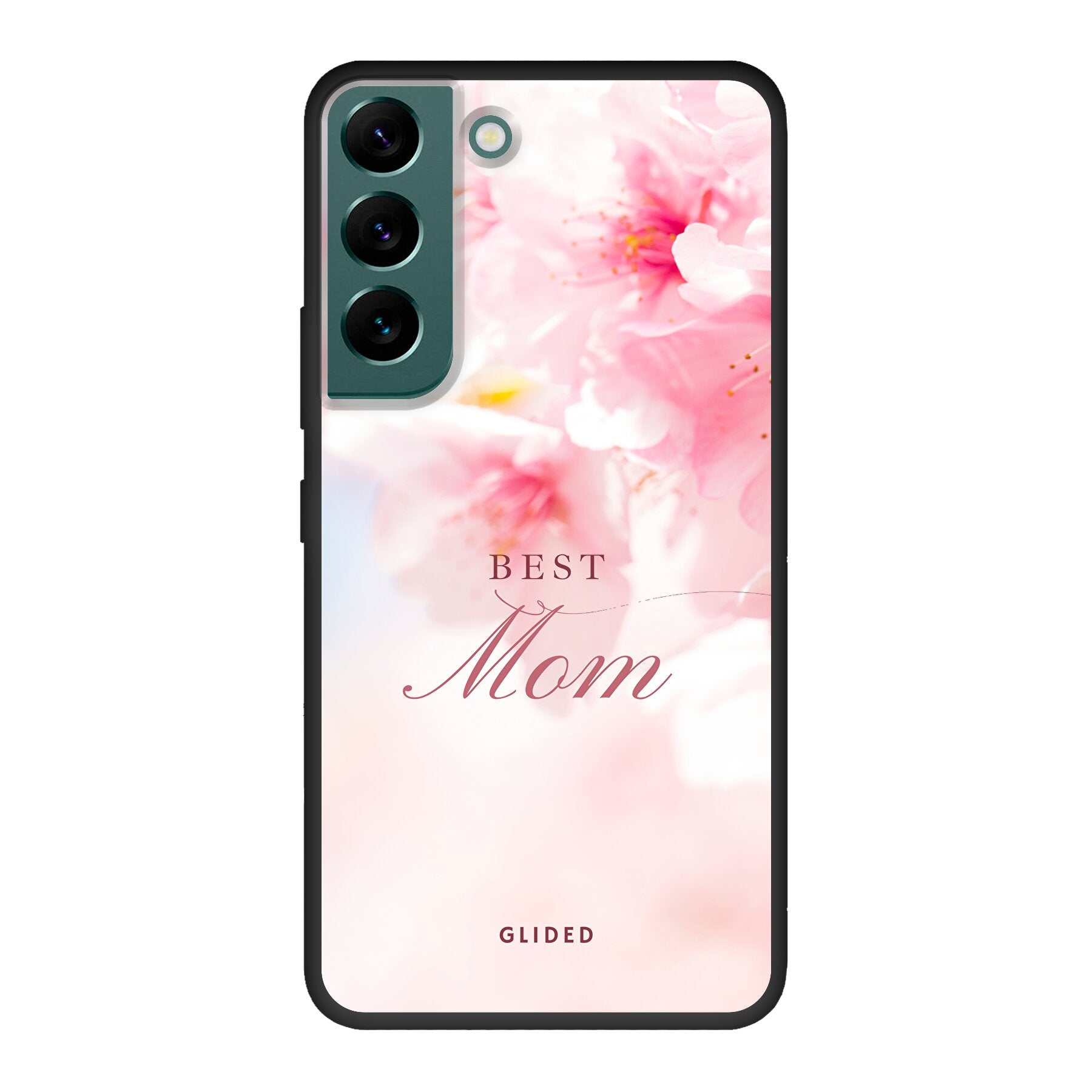Flower Power Handyhülle für Samsung Galaxy S22 mit rosa Blumen und der Aufschrift 'Best Mom', ideal als Geschenk für Mütter.