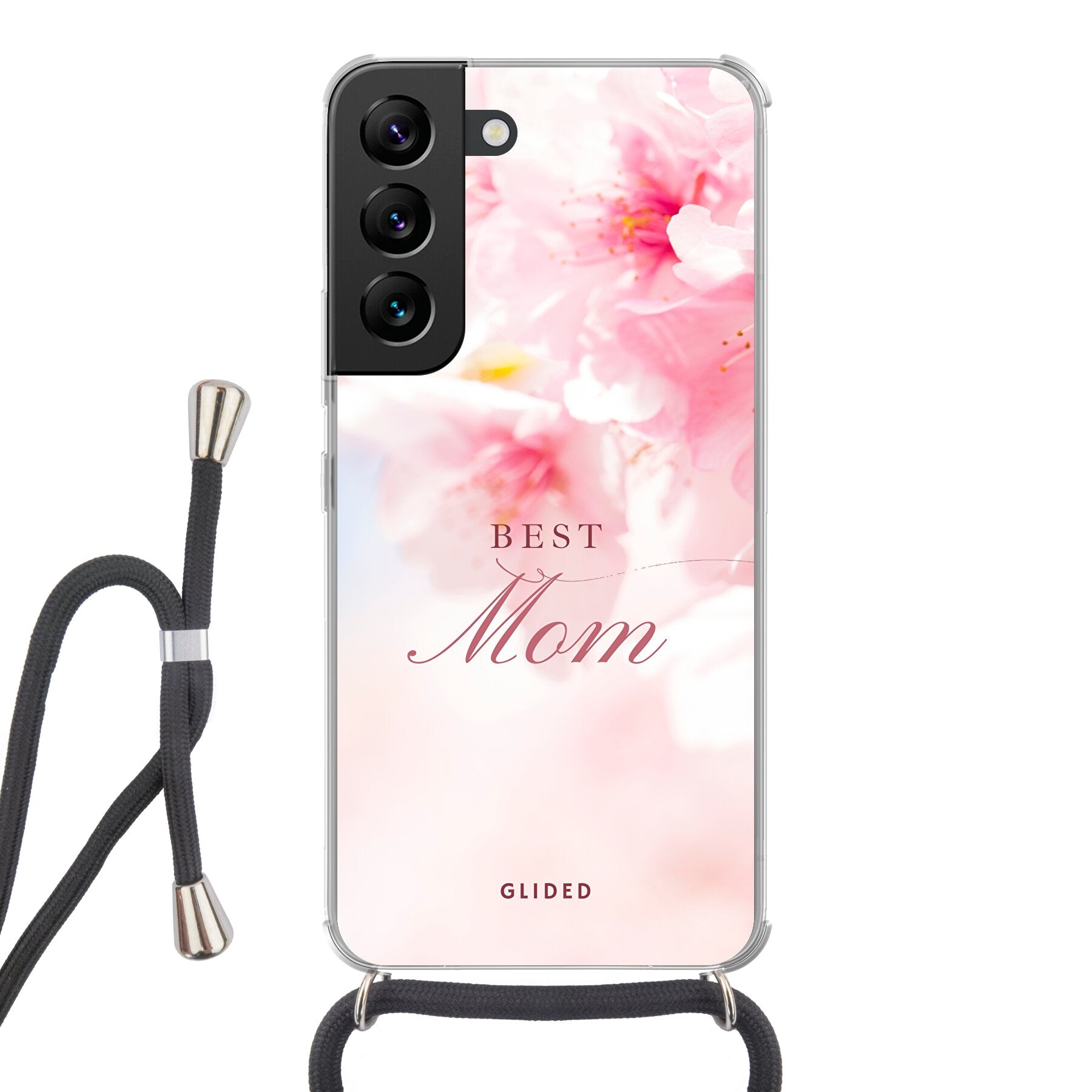 Flower Power Handyhülle für Samsung Galaxy S22 mit rosa Blumen und der Aufschrift 'Best Mom', ideal als Geschenk für Mütter.
