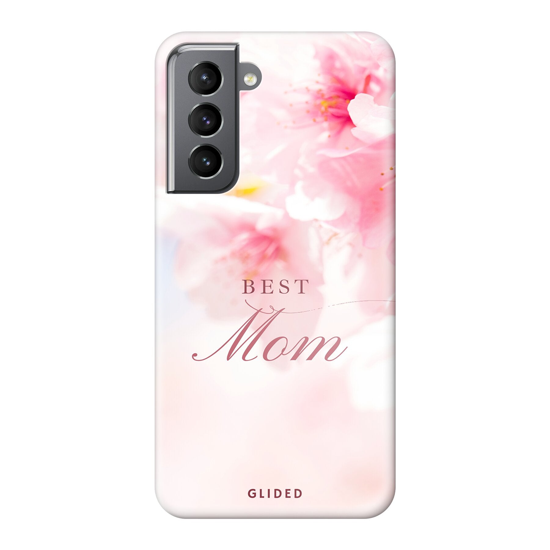 Flower Power Handyhülle für Samsung Galaxy S21 5G mit rosa Blumen und der Aufschrift 'Best Mom', ideal als Geschenk für Mütter.