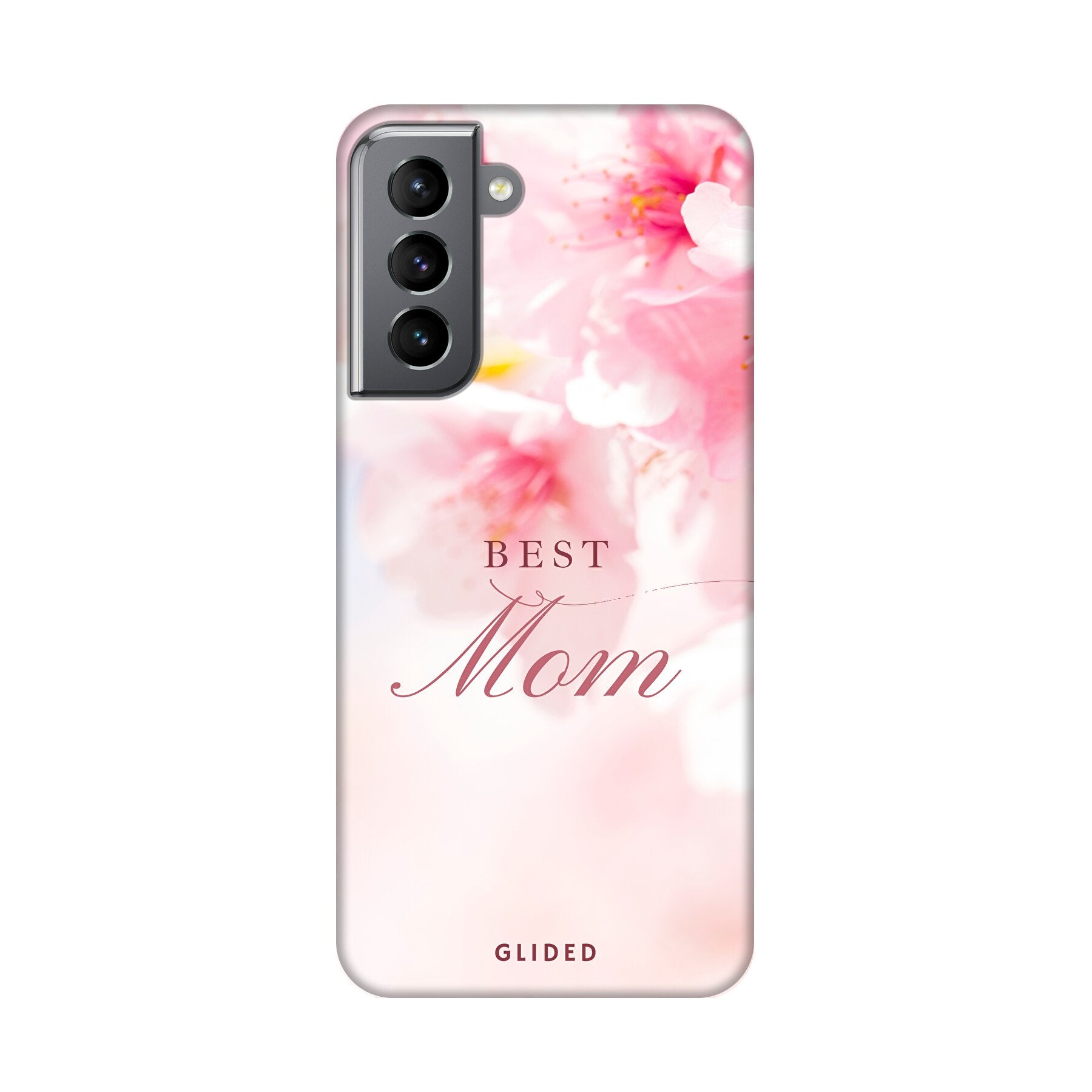Flower Power Handyhülle für Samsung Galaxy S21 5G mit rosa Blumen und der Aufschrift 'Best Mom', ideal als Geschenk für Mütter.