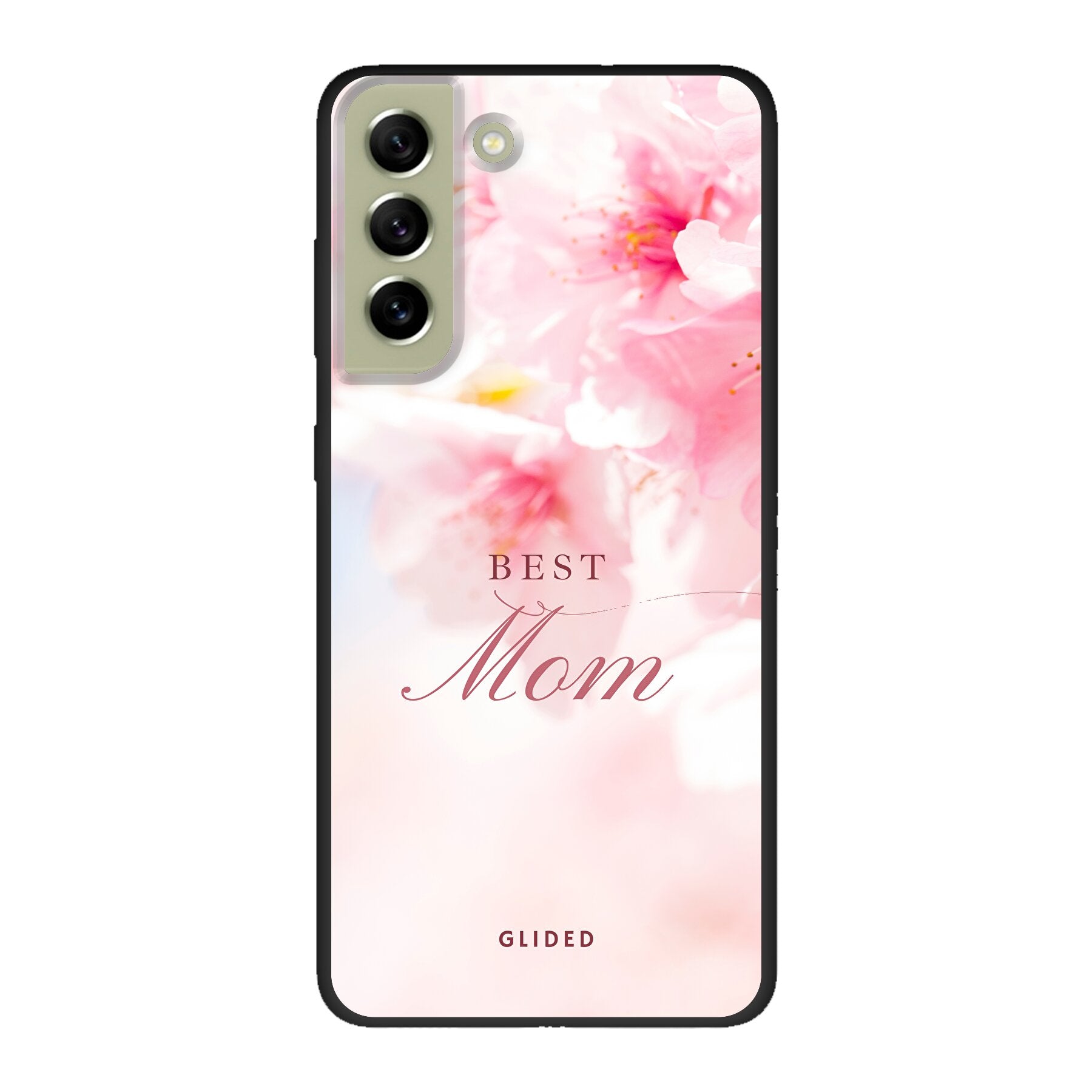 Flower Power Handyhülle für Samsung Galaxy S21 FE mit rosa Blumen und der Aufschrift 'Best Mom', ideal als Geschenk für Mütter.