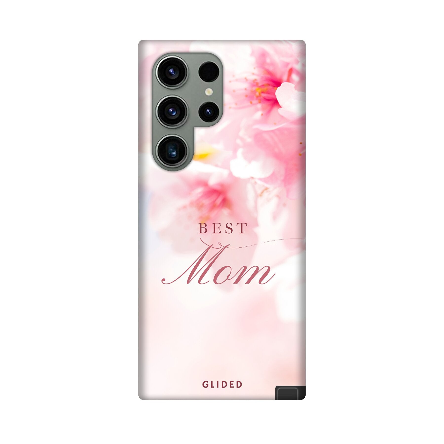 Flower Power Handyhülle für Samsung Galaxy S23 Ultra mit rosa Blumen und der Aufschrift 'Best Mom', ideal als Geschenk für Mütter.