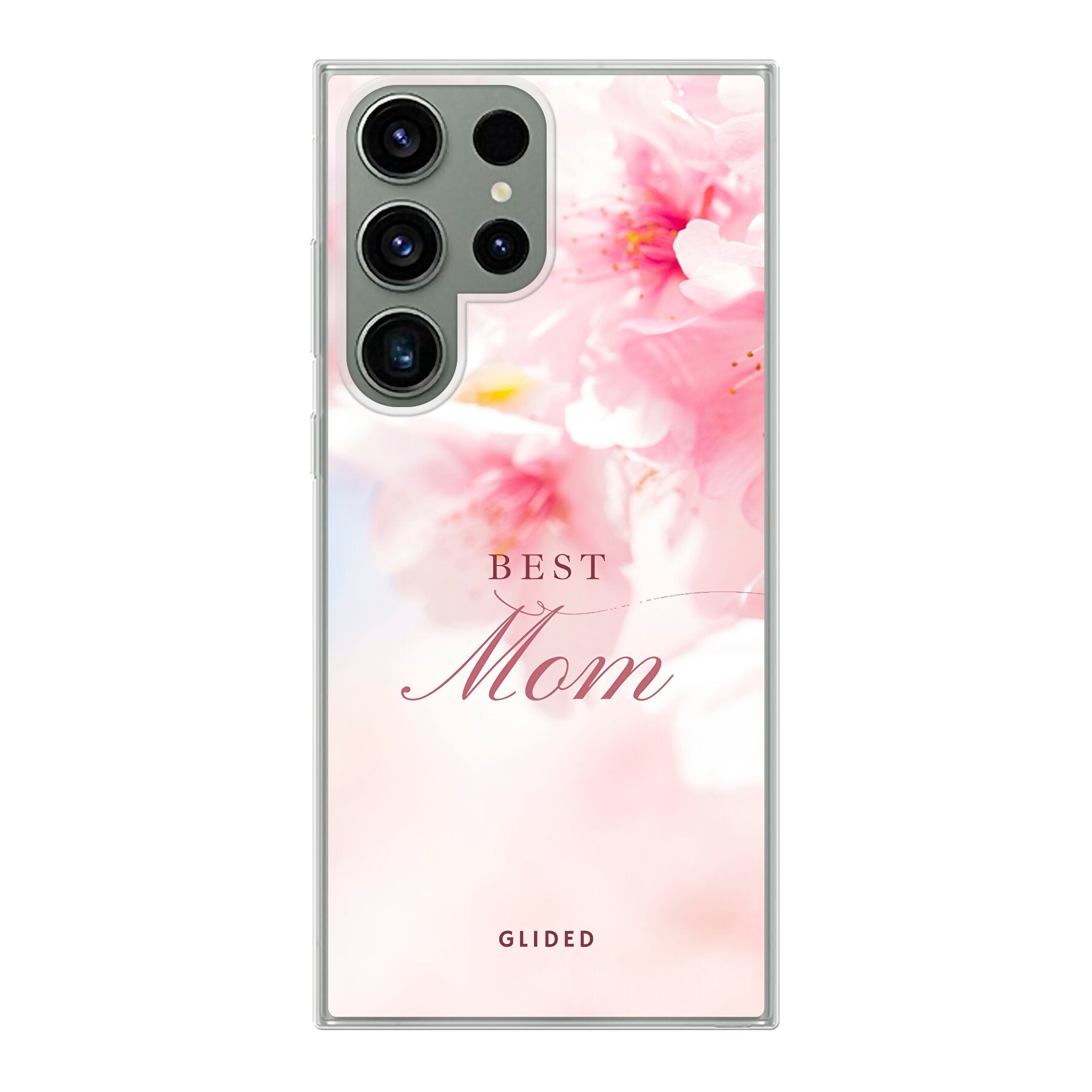 Flower Power Handyhülle für Samsung Galaxy S23 Ultra mit rosa Blumen und der Aufschrift 'Best Mom', ideal als Geschenk für Mütter.