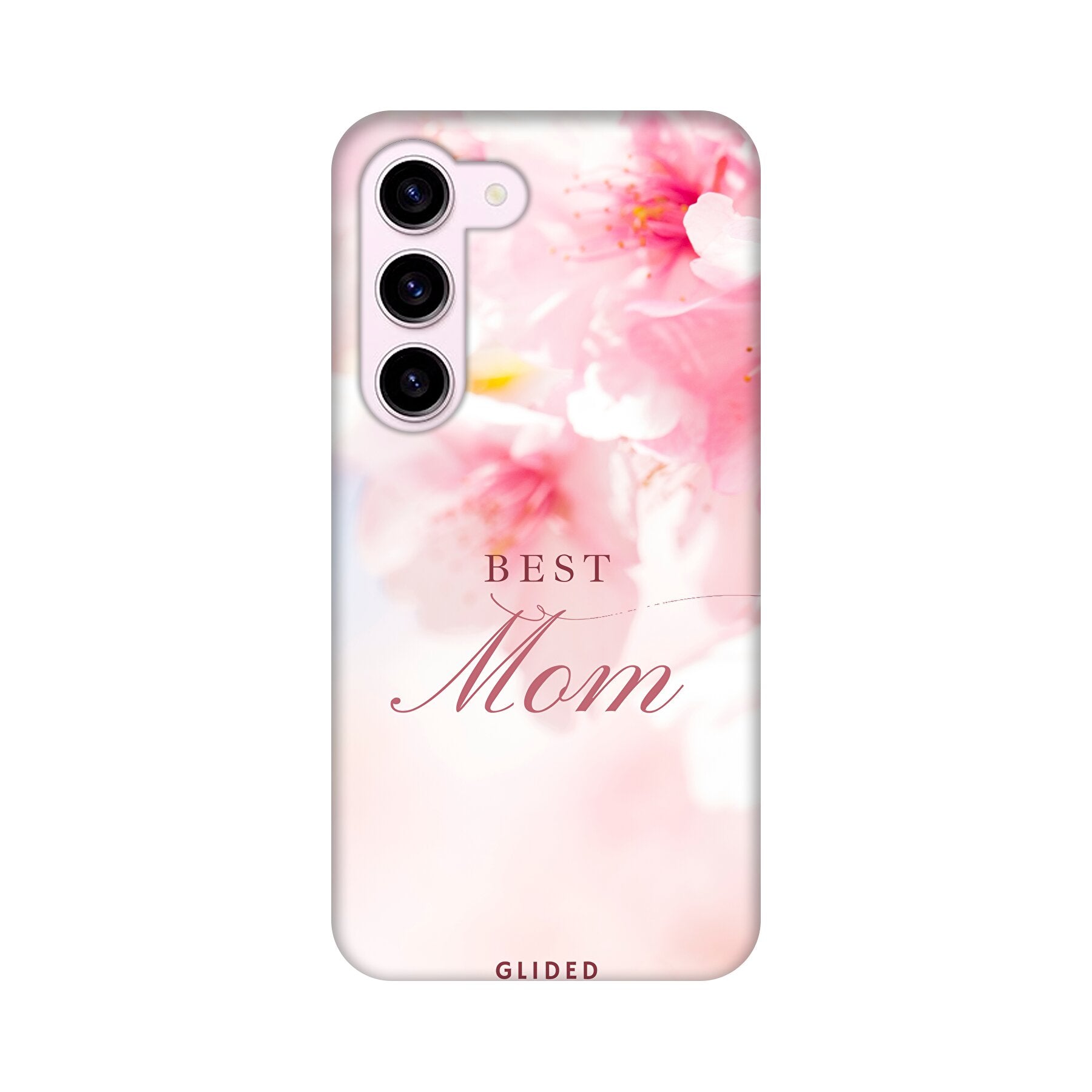 Flower Power Handyhülle für Samsung Galaxy S24 mit rosa Blumen und 'Best Mom' Aufschrift, ideal als Geschenk für Mütter.