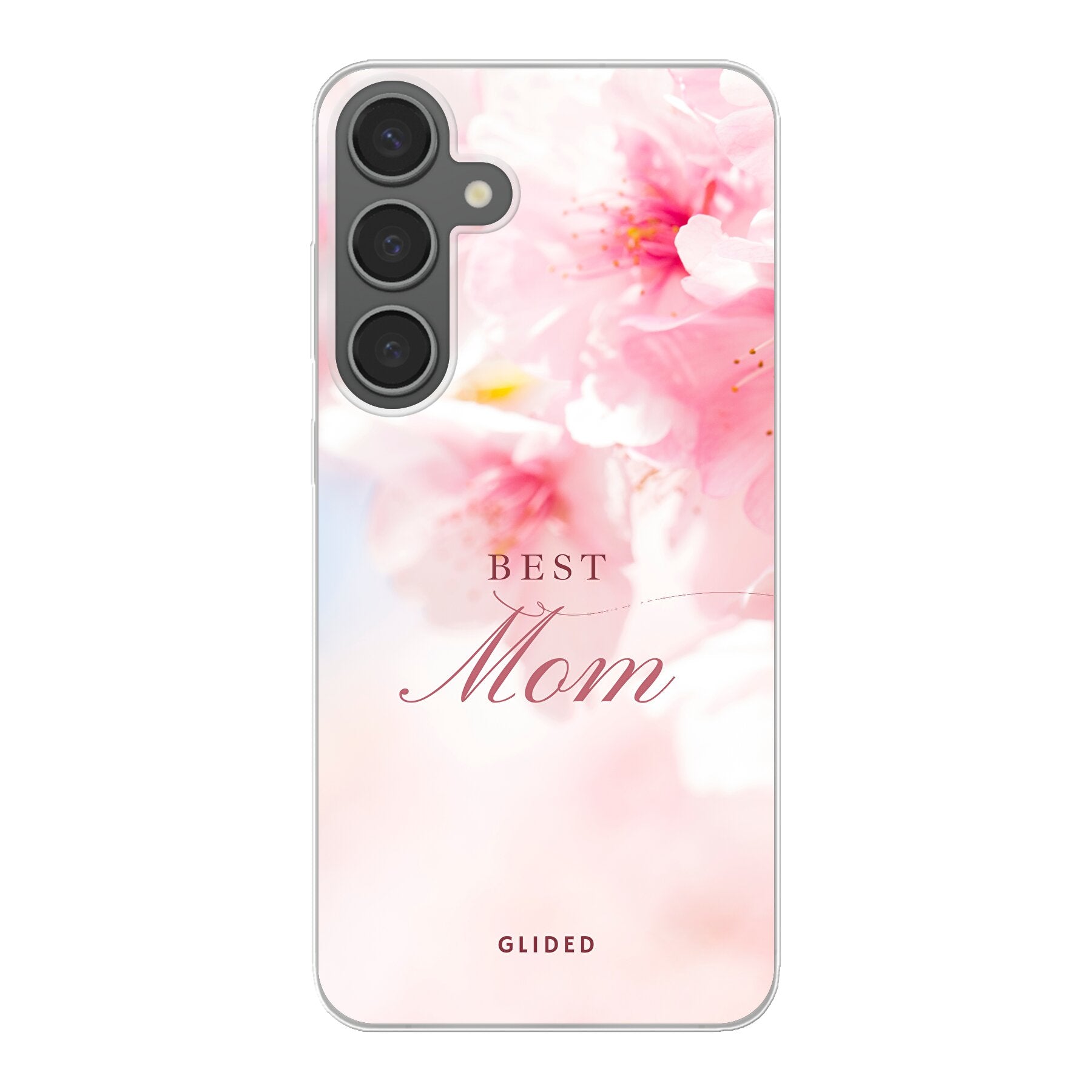 Flower Power Handyhülle für Samsung Galaxy S24 Plus mit rosa Blumen und der Aufschrift 'Best Mom'.