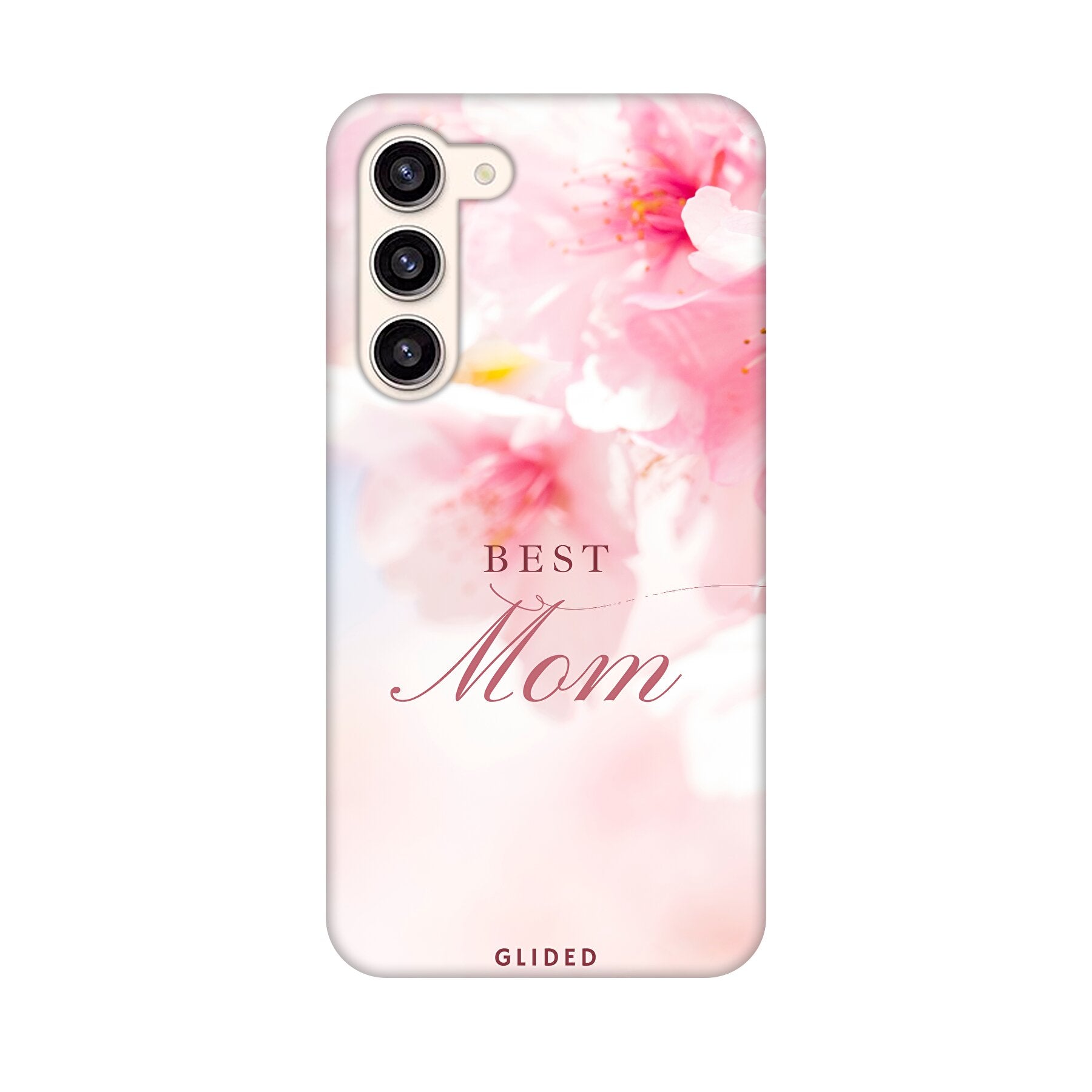 Flower Power Handyhülle für Samsung Galaxy S24 Plus mit rosa Blumen und der Aufschrift 'Best Mom'.