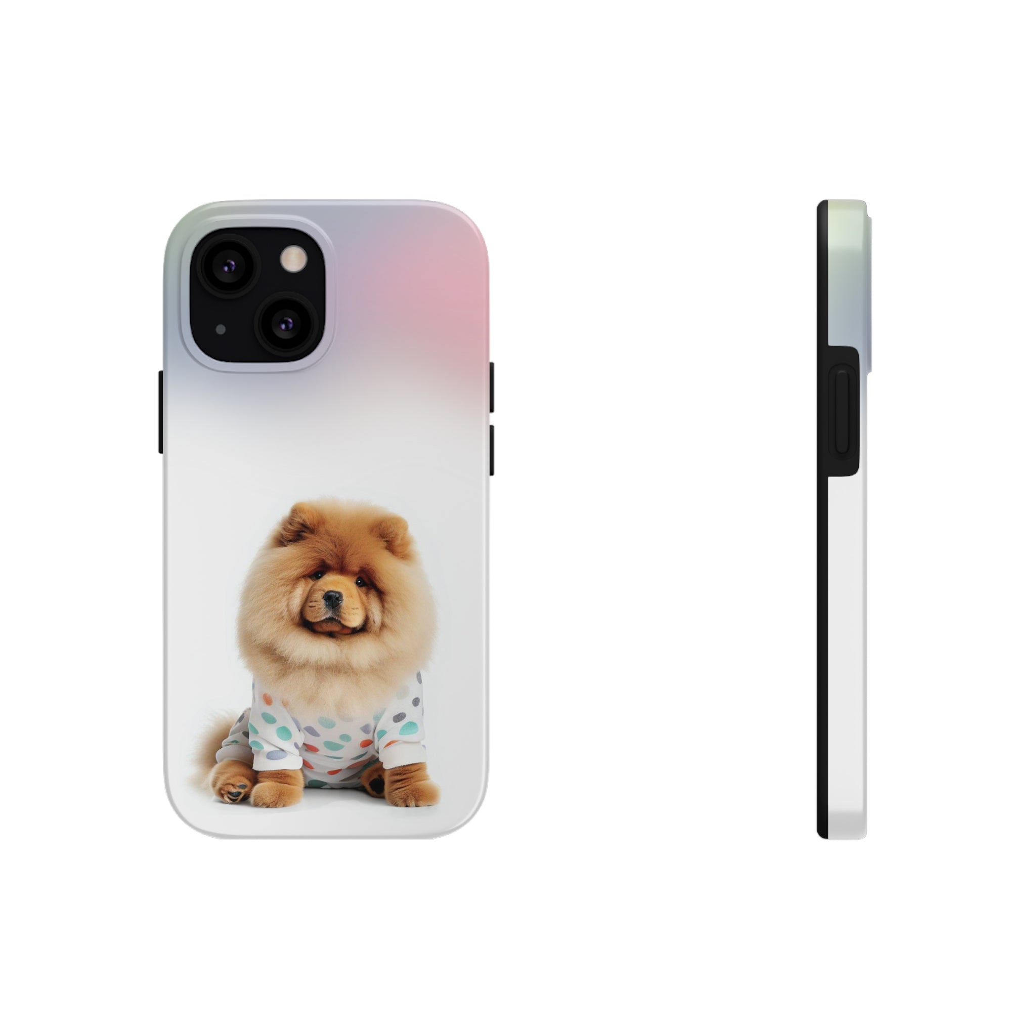 Fluffy Chow Chow Dog Touch Case for iPhone, featuring a cute dog print and a glossy finish, designed for impact resistance and wireless charging.