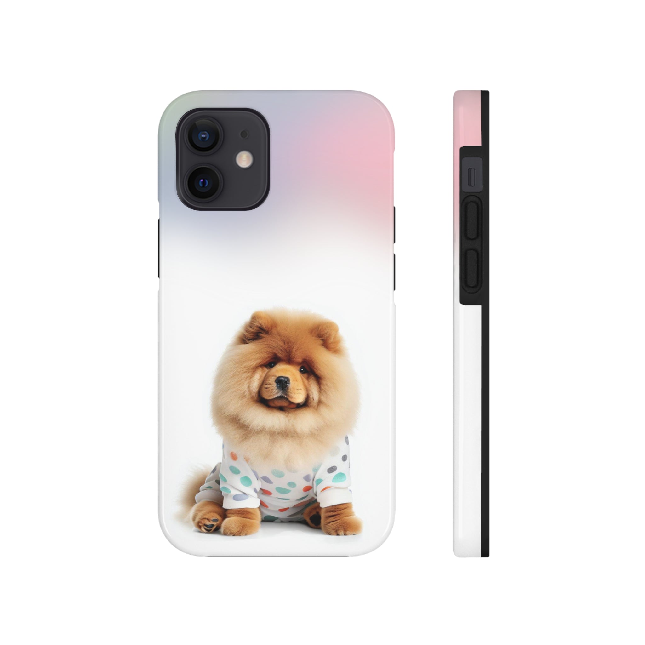 Fluffy Chow Chow Dog Touch Case for iPhone, featuring a cute dog print and a glossy finish, designed for impact resistance and wireless charging.