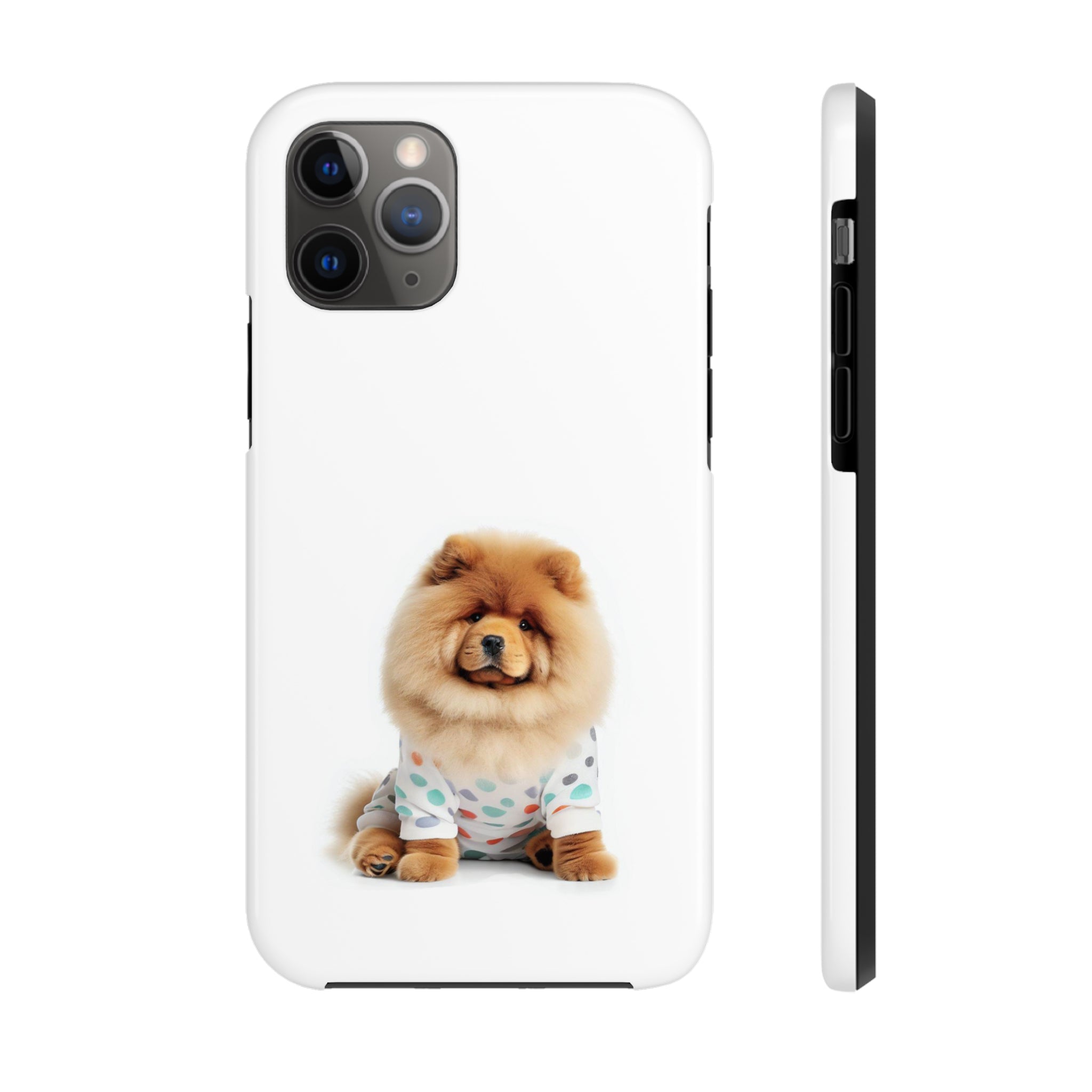 Fluffy Chow Chow Dog Touch Case for iPhone, featuring a cute dog print and a glossy finish, designed for impact resistance and wireless charging.