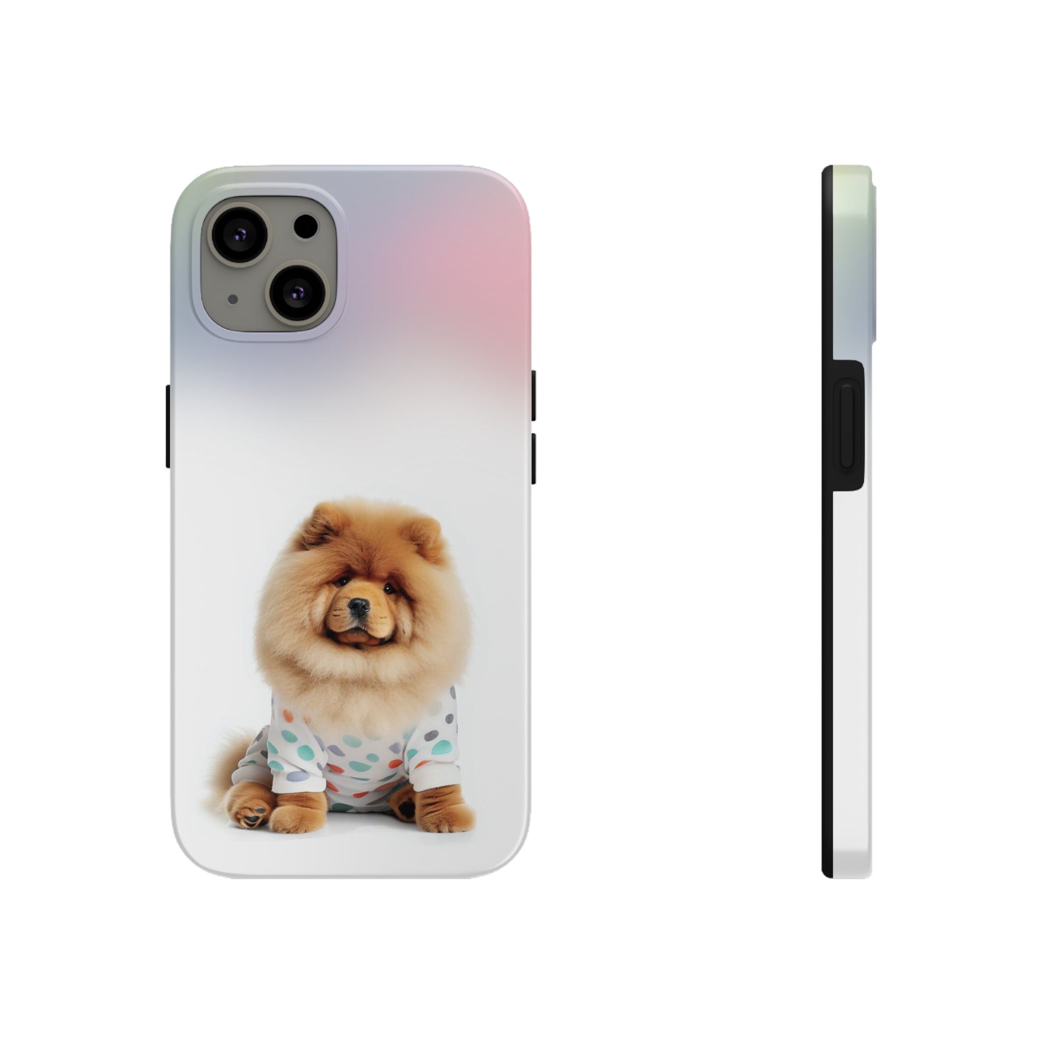 Fluffy Chow Chow Dog Touch Case for iPhone, featuring a cute dog print and a glossy finish, designed for impact resistance and wireless charging.