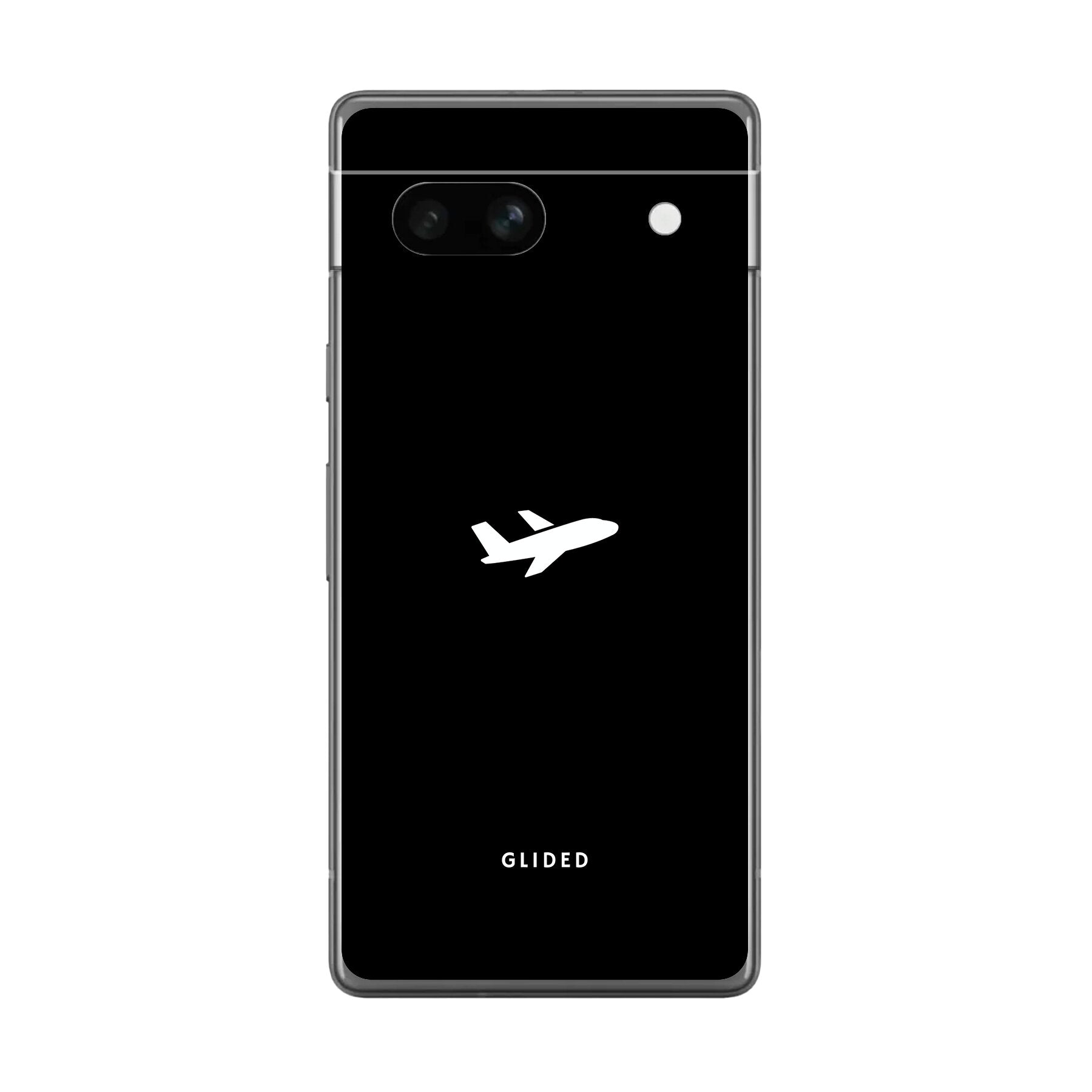 Die 'Fly Away' Google Pixel 7a Handyhülle zeigt ein detailreiches Flugzeugdesign auf einem mystischen schwarzen Hintergrund.