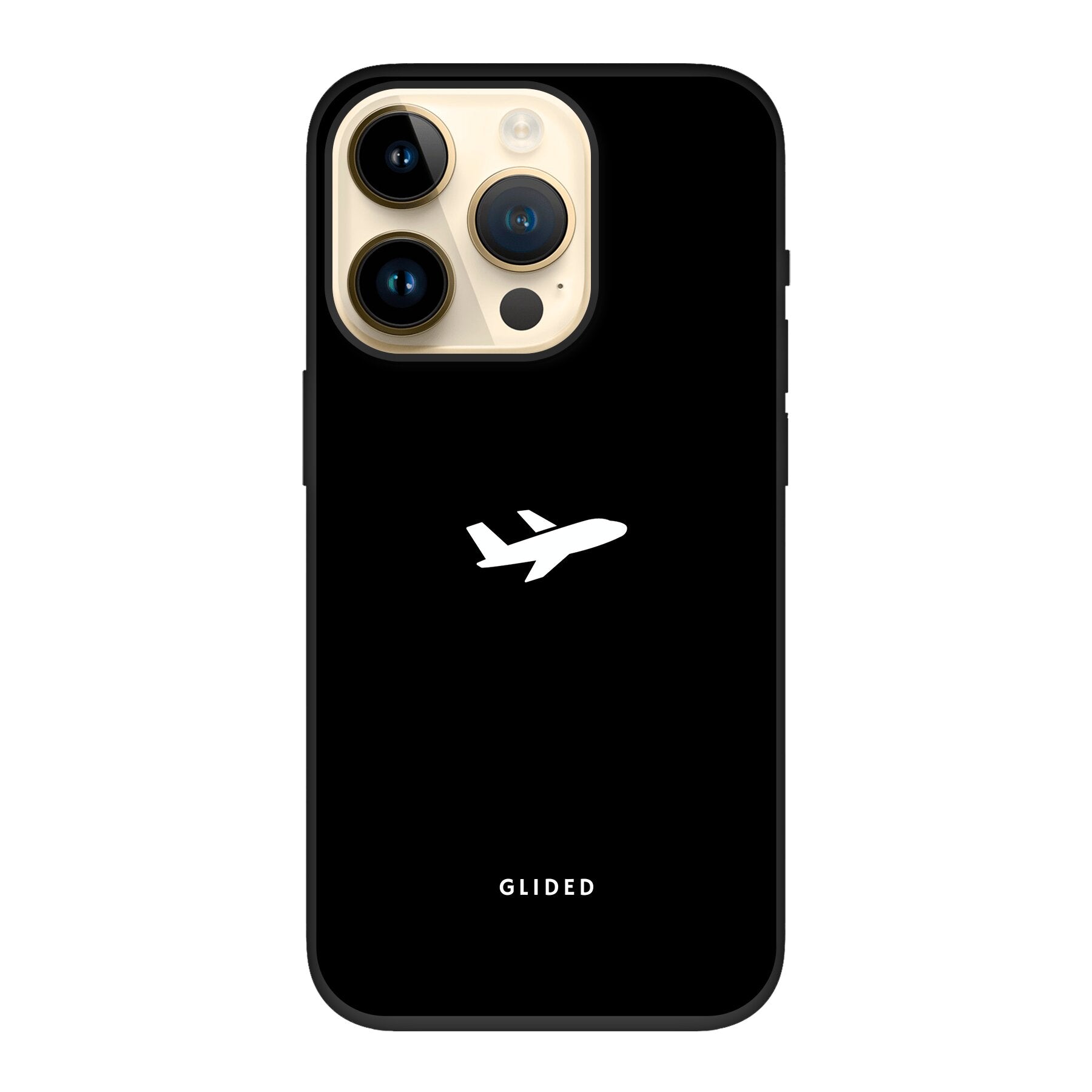 Die 'Fly Away' iPhone 14 Pro Handyhülle mit einem detailreichen Flugzeugdesign auf einem eleganten schwarzen Hintergrund.