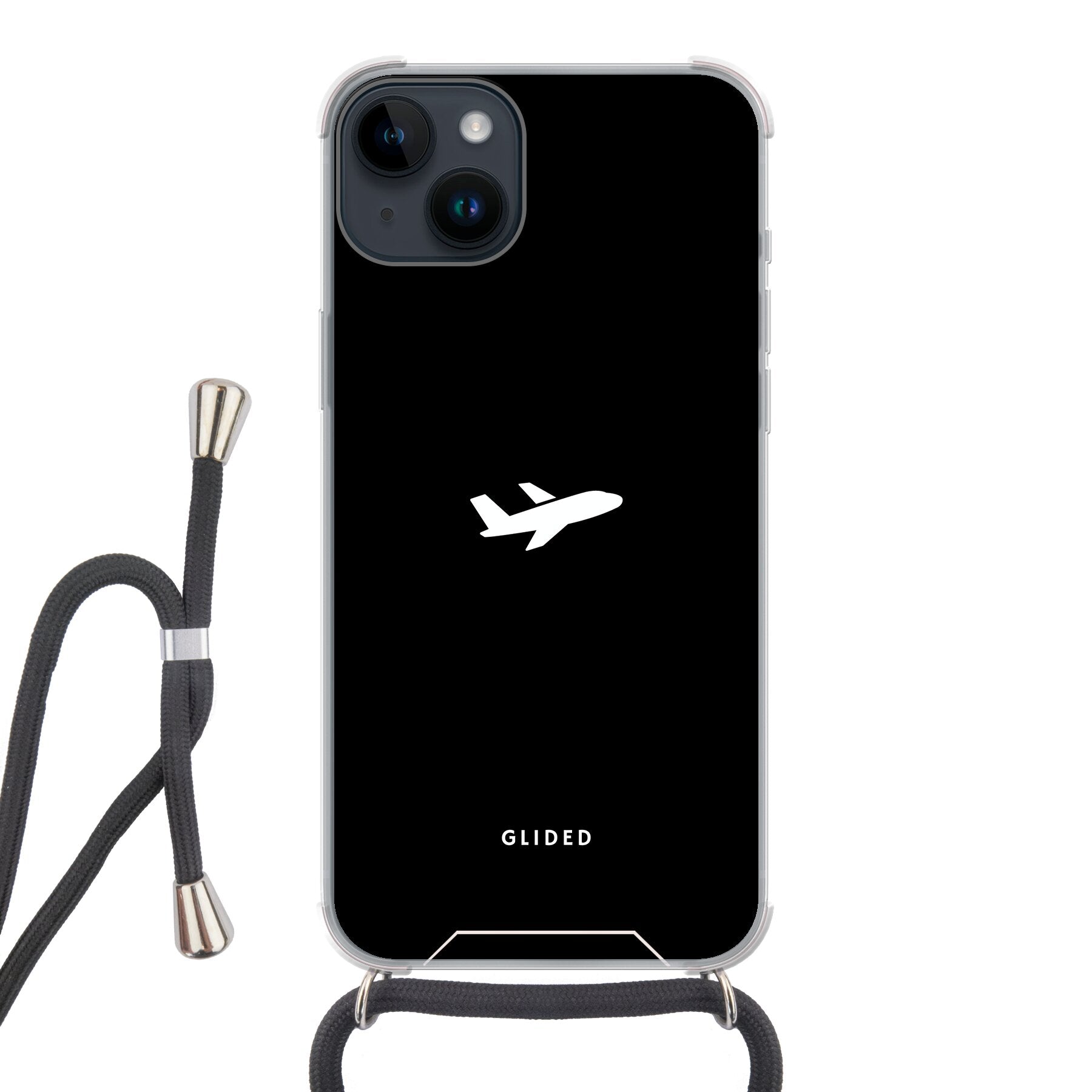 Die 'Fly Away' iPhone 14 Pro Handyhülle mit einem detailreichen Flugzeugdesign auf einem eleganten schwarzen Hintergrund.