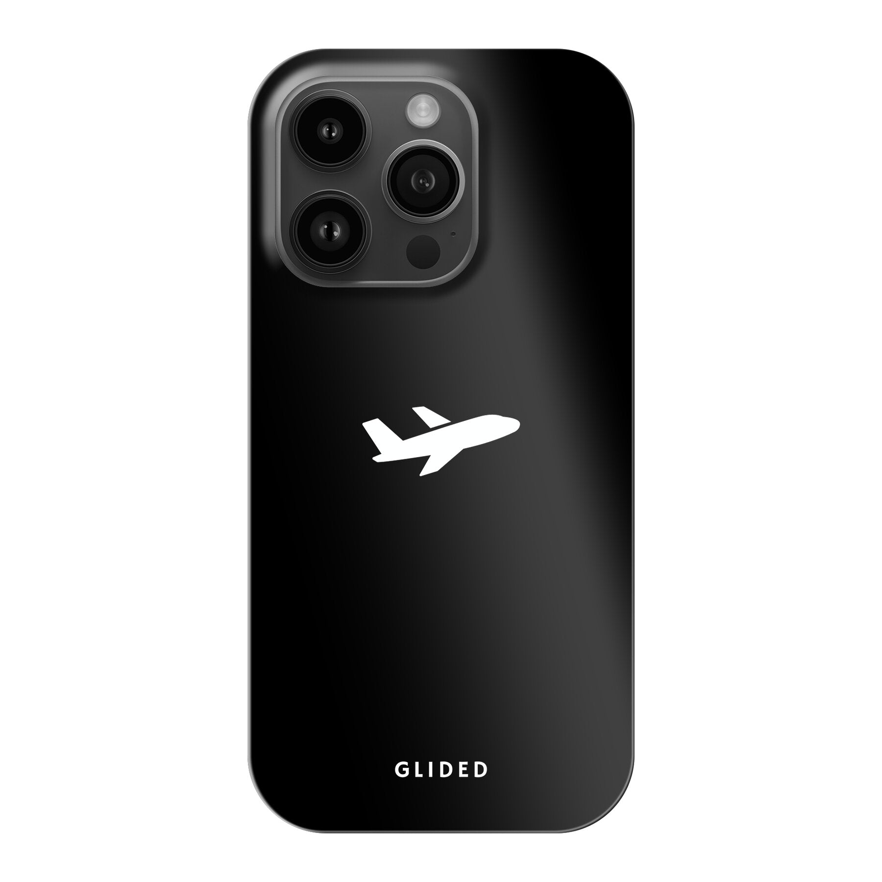 Die 'Fly Away' iPhone 14 Pro Handyhülle mit einem detailreichen Flugzeugdesign auf einem eleganten schwarzen Hintergrund.