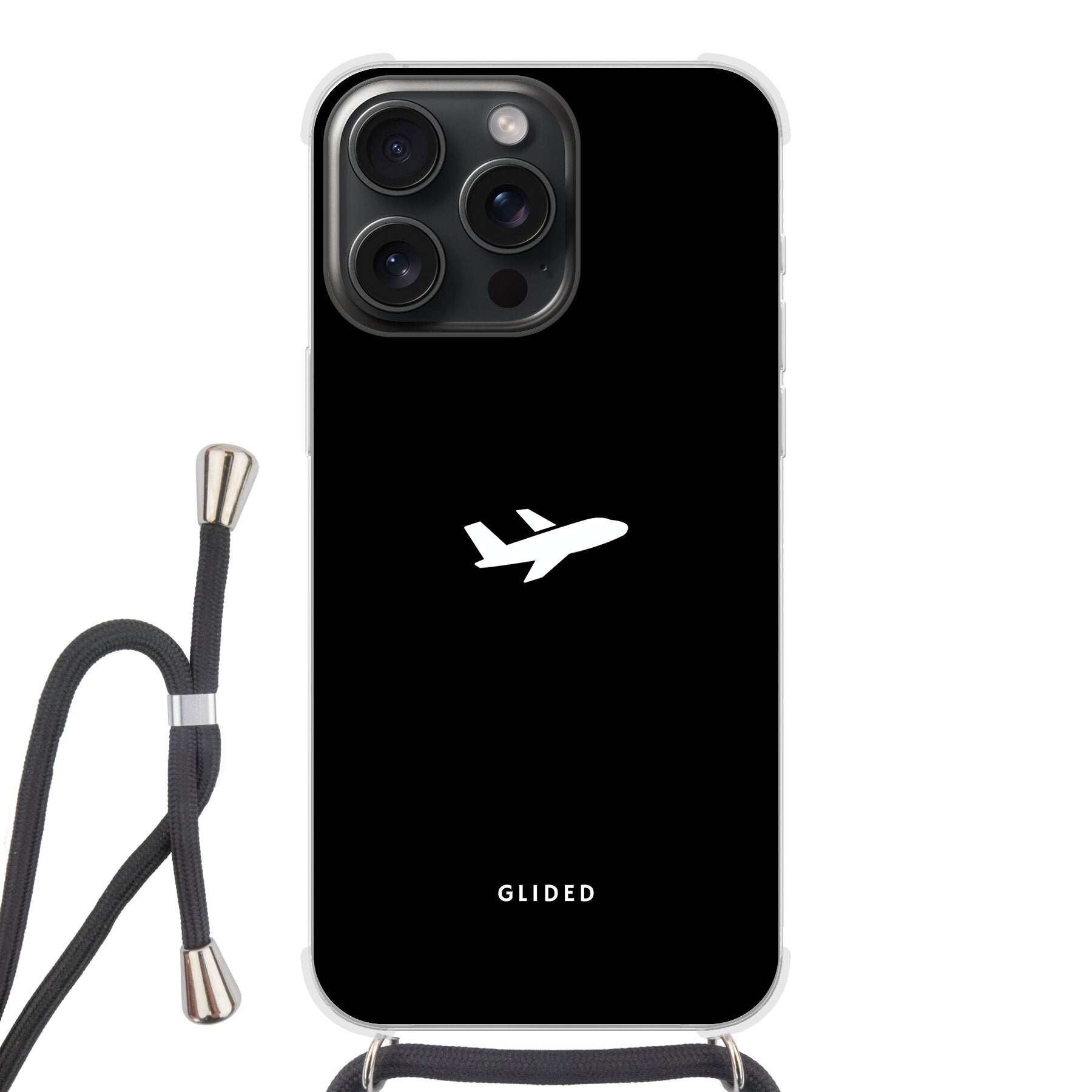 Die 'Fly Away' iPhone 15 Pro Hülle mit einem Flugzeugdesign auf schwarzem Hintergrund, bietet stilvollen Schutz und Abenteuerlust.