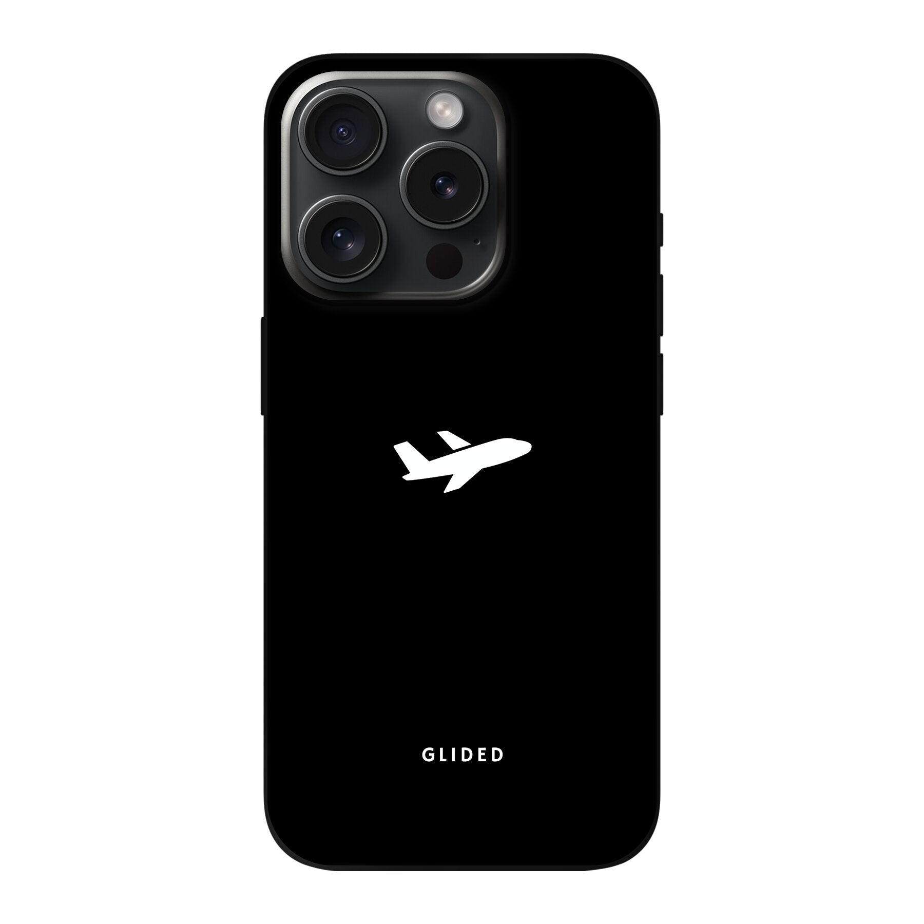 Die 'Fly Away' iPhone 15 Pro Hülle mit einem Flugzeugdesign auf schwarzem Hintergrund, bietet stilvollen Schutz und Abenteuerlust.