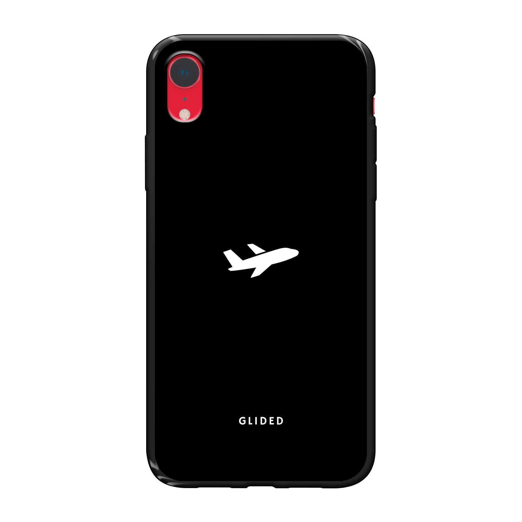 Die 'Fly Away' iPhone XR Handyhülle mit einem detailreichen Flugzeugdesign auf einem mystischen schwarzen Hintergrund.