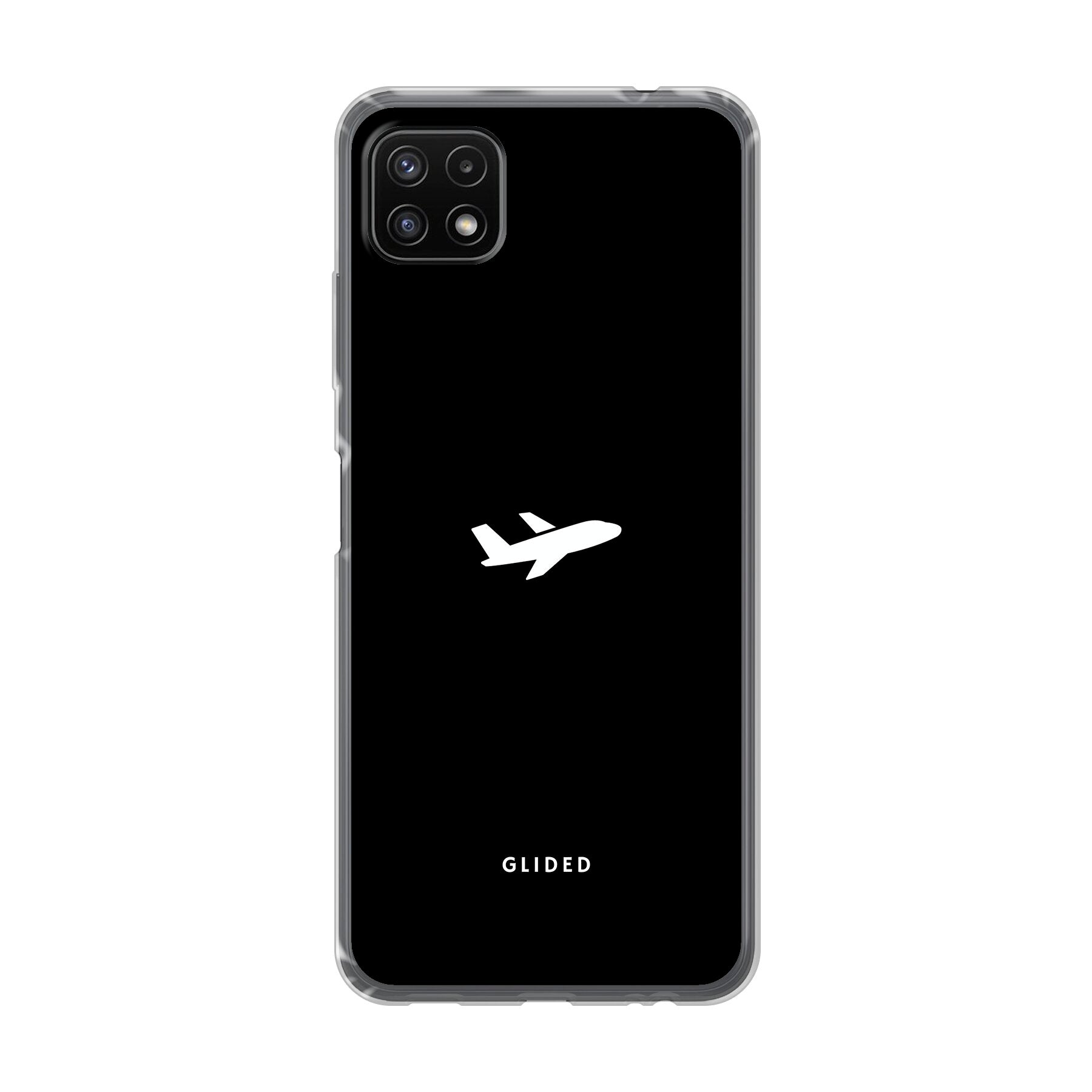 Die 'Fly Away' Samsung Galaxy A22 5G Hülle mit einem Flugzeugdesign auf schwarzem Hintergrund, ideal für Schutz und Stil.