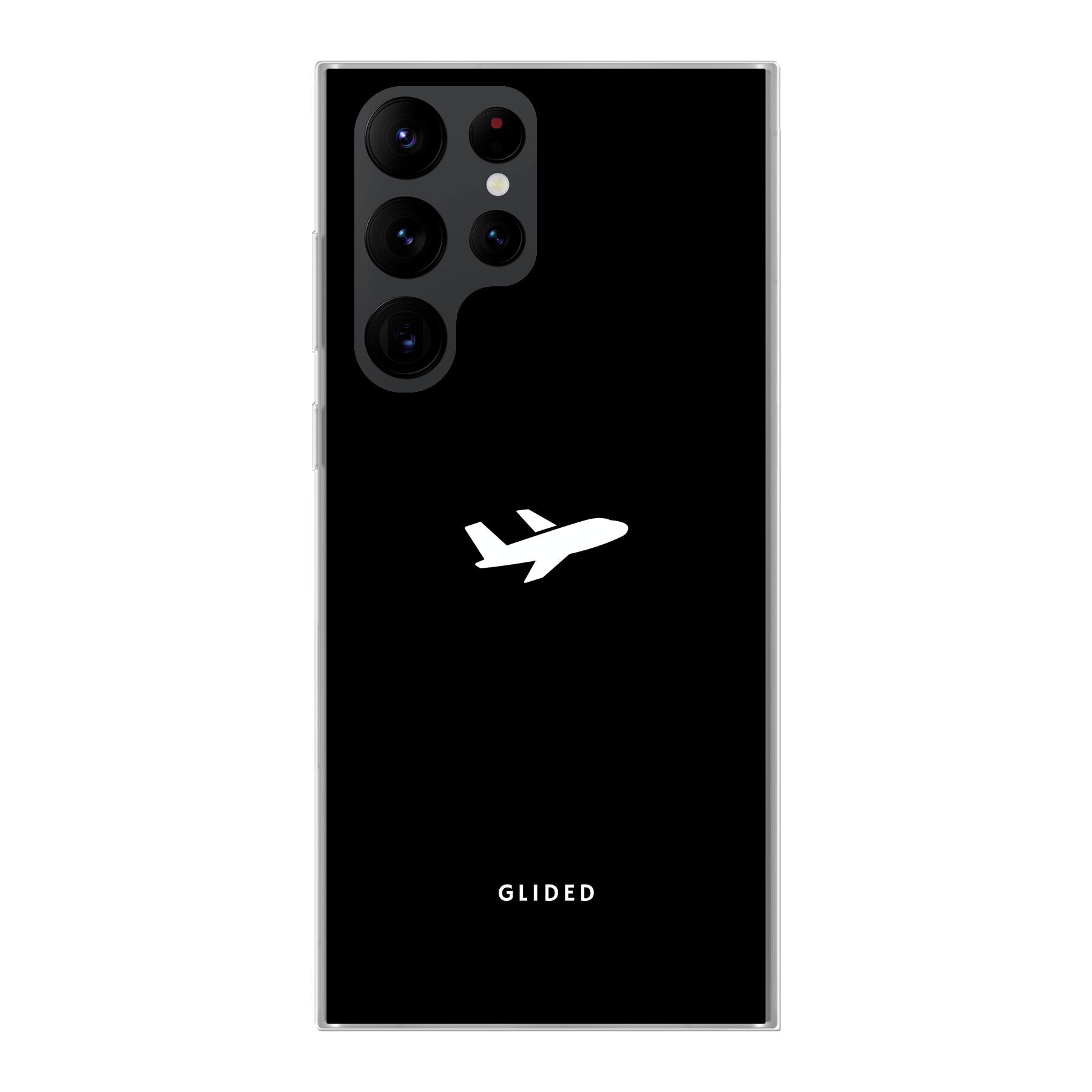 Die 'Fly Away' Hülle für Samsung Galaxy S20 Ultra mit einem Flugzeug-Design auf schwarzem Hintergrund, bietet stilvollen Schutz.