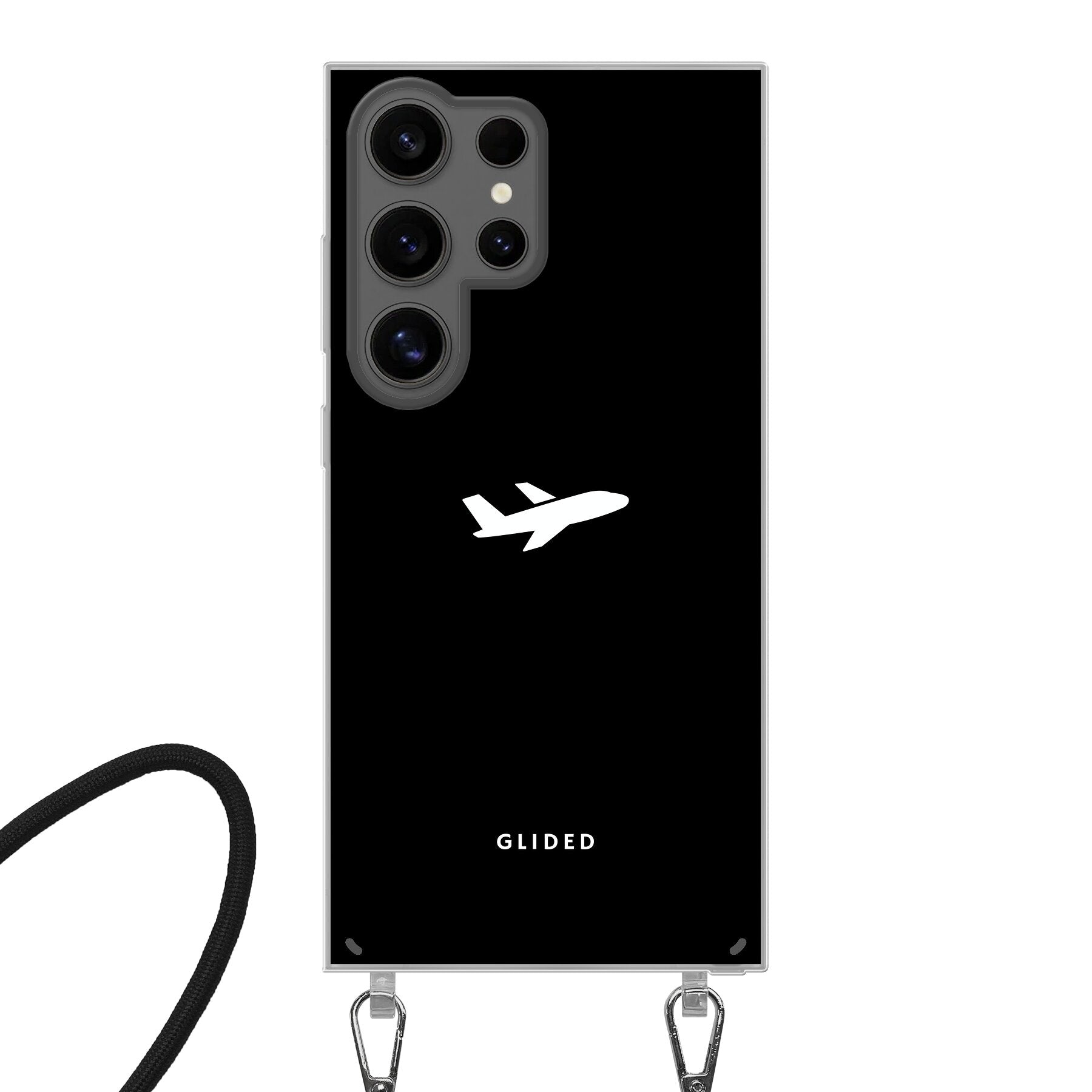 Samsung Galaxy S24 Ultra Handyhülle 'Fly Away' mit Flugzeugdesign auf schwarzem Hintergrund.