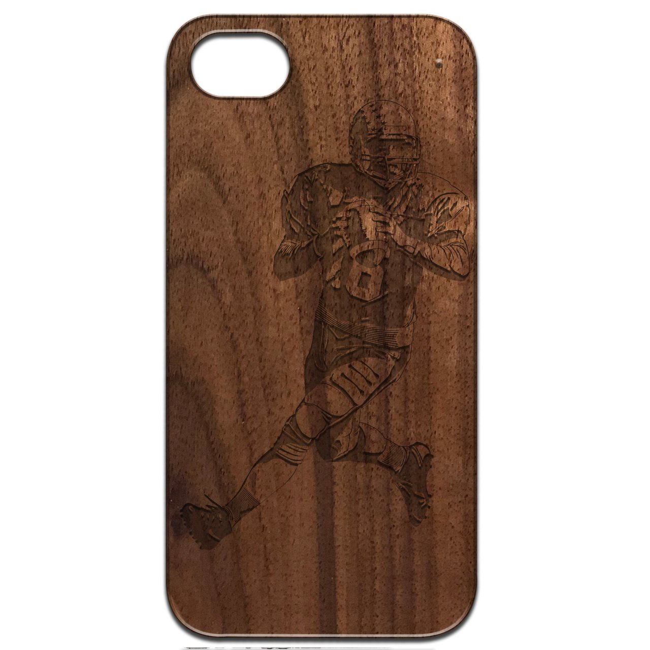 Engraved wooden phone case featuring a football player design, showcasing natural wood texture and durable construction.