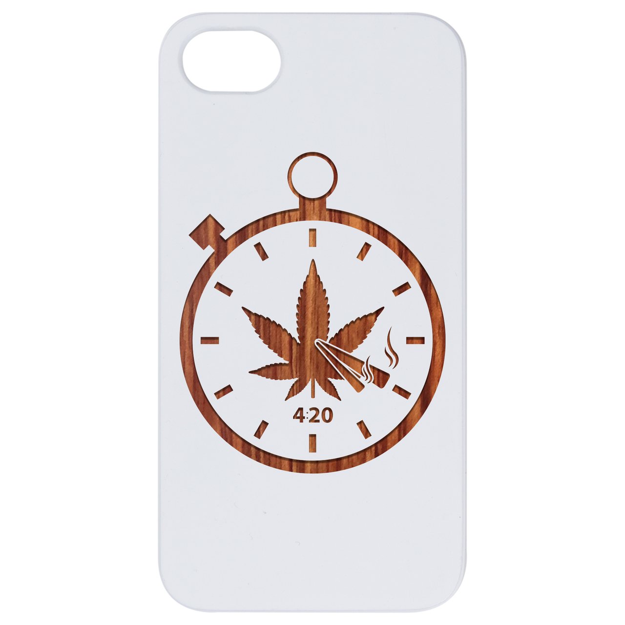 Four Twenty Engraved wooden phone case showcasing unique laser-engraved design and natural wood finish.