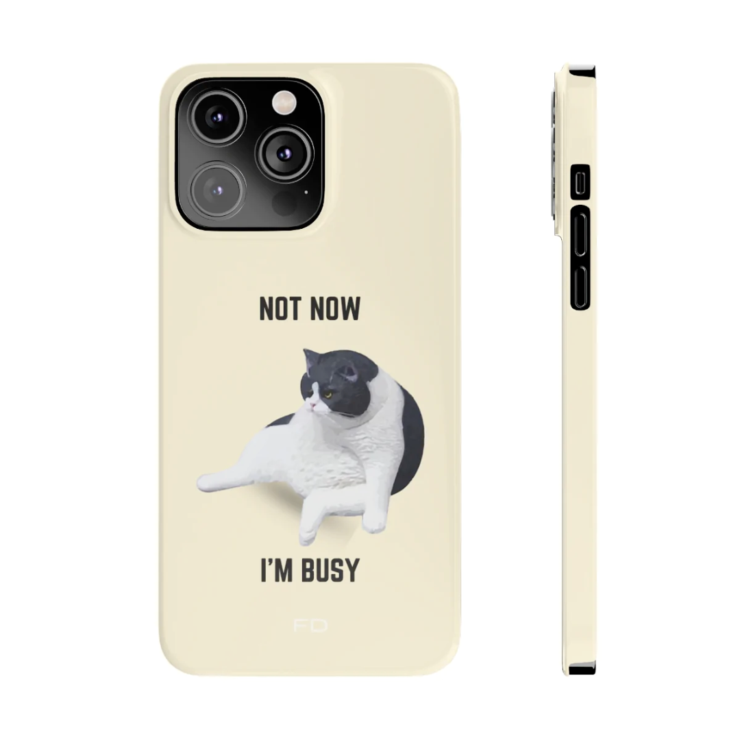 Funny Bored Cat Theme Slim Case for iPhone 14, featuring a humorous cat design with a glossy finish.
