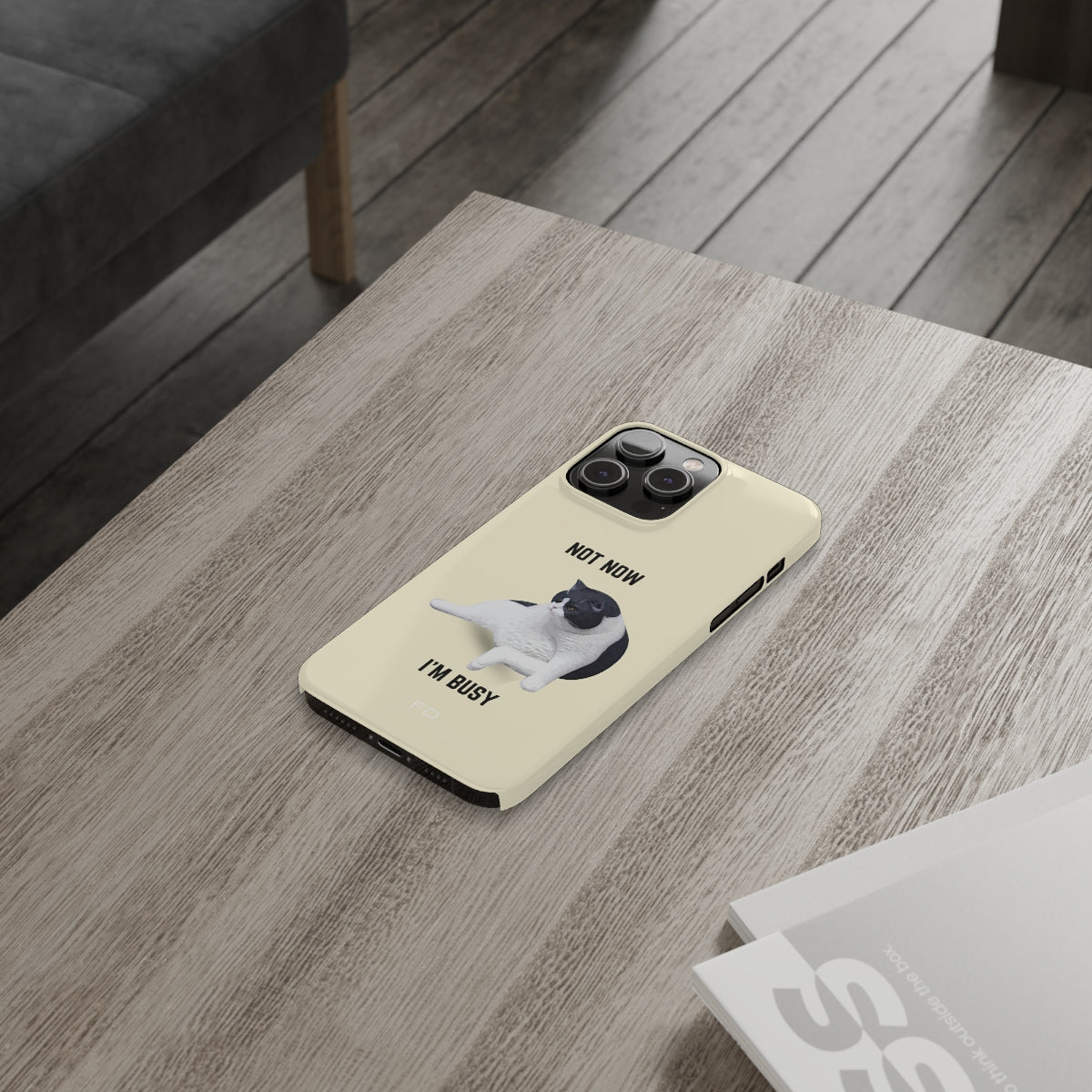 Funny Bored Cat Theme Slim Case for iPhone 14, featuring a humorous cat design with a glossy finish.