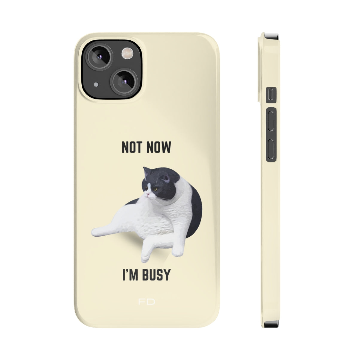 Funny Bored Cat Theme Slim Case for iPhone 14, featuring a humorous cat design with a glossy finish.