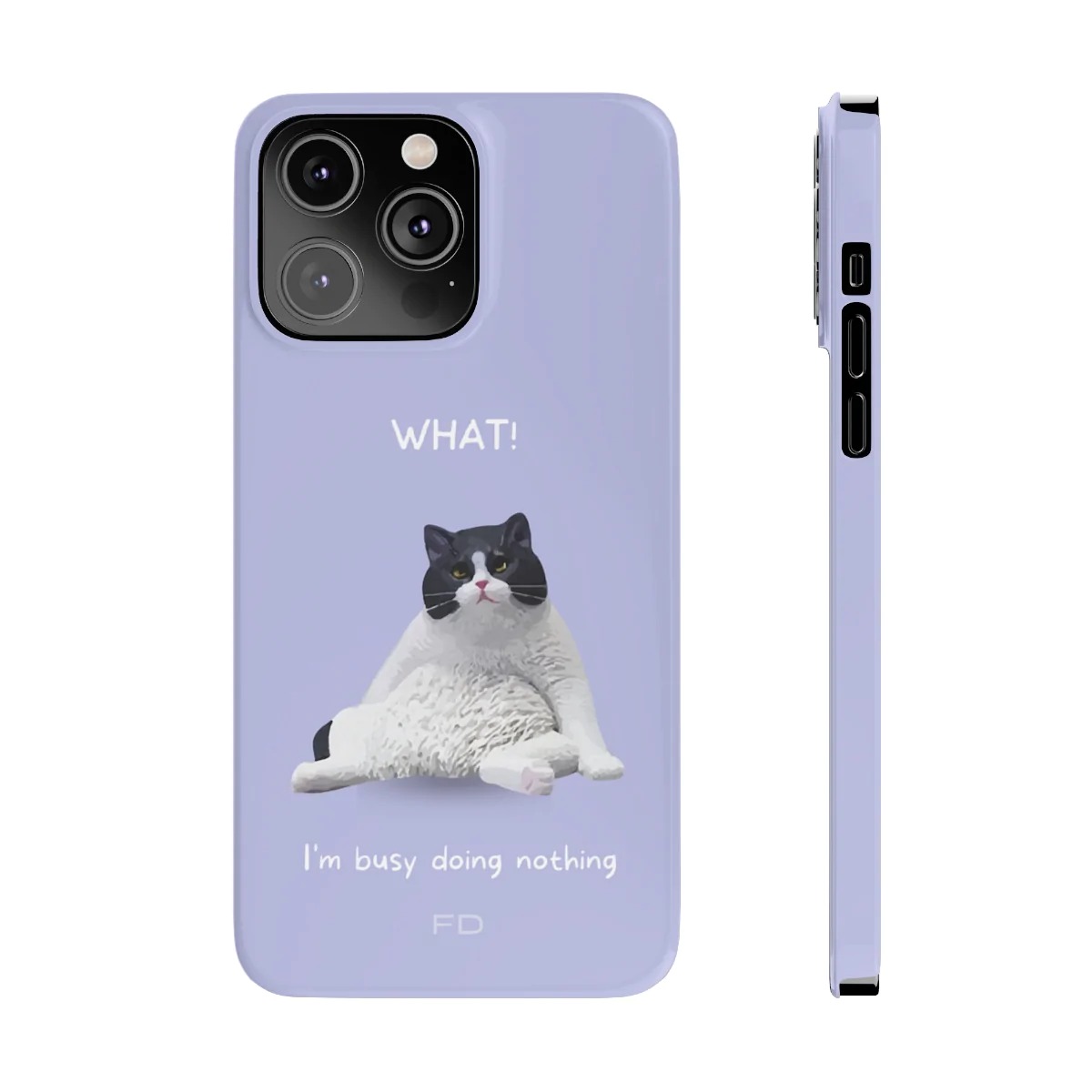 Funny Cat Theme Purple Slim Case for iPhone 14, featuring a playful cat design and glossy finish.
