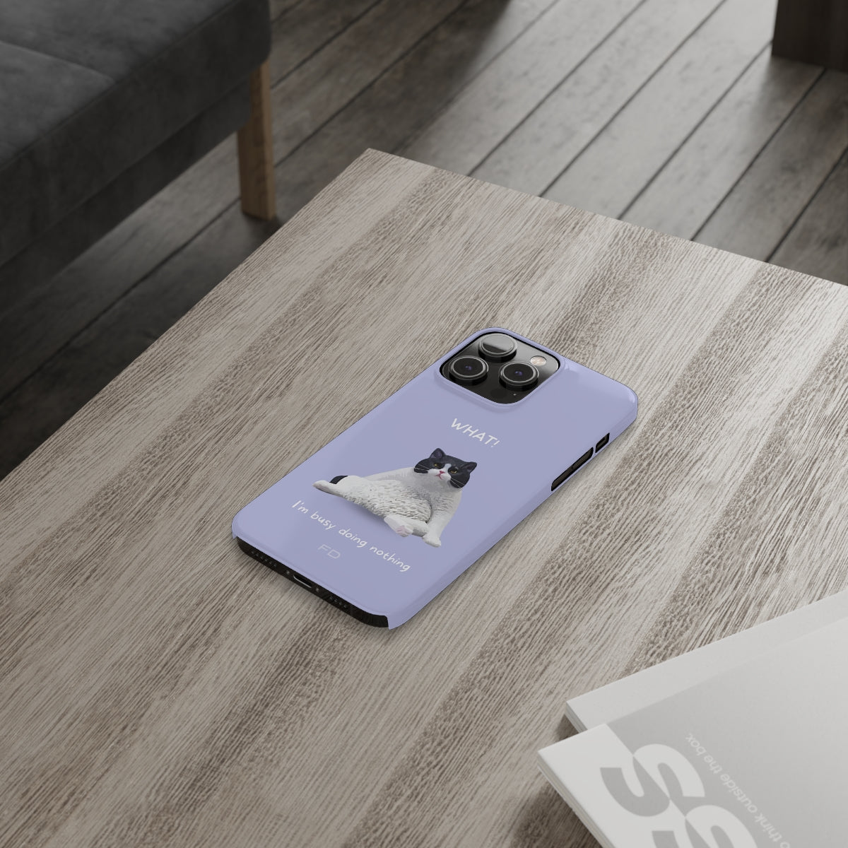 Funny Cat Theme Purple Slim Case for iPhone 14, featuring a playful cat design and glossy finish.