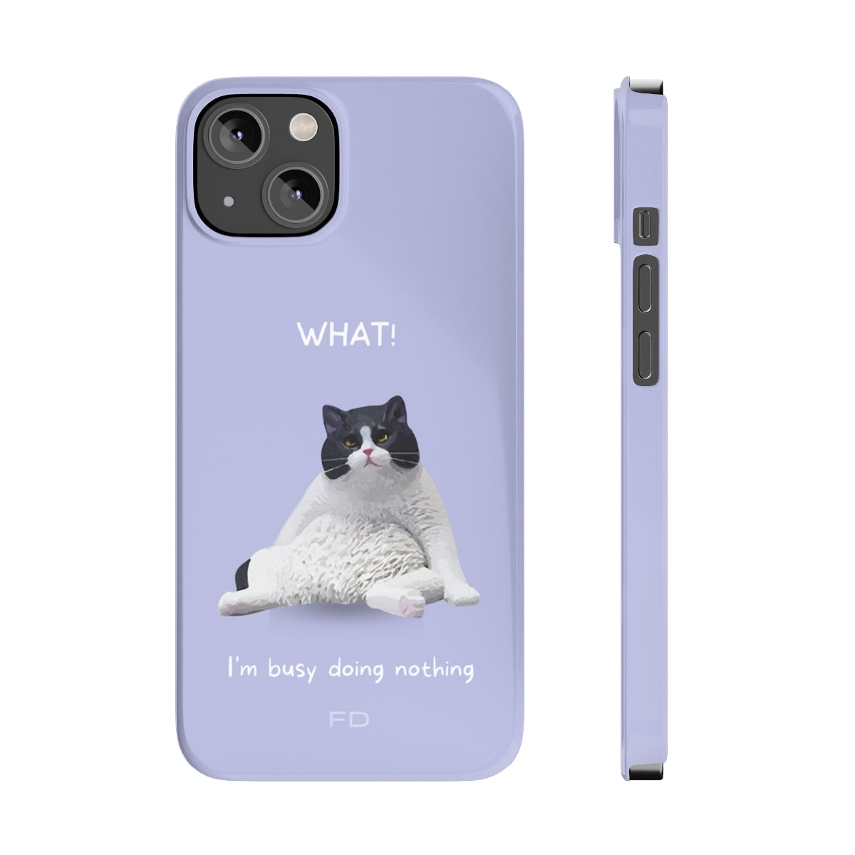 Funny Cat Theme Purple Slim Case for iPhone 14, featuring a playful cat design and glossy finish.