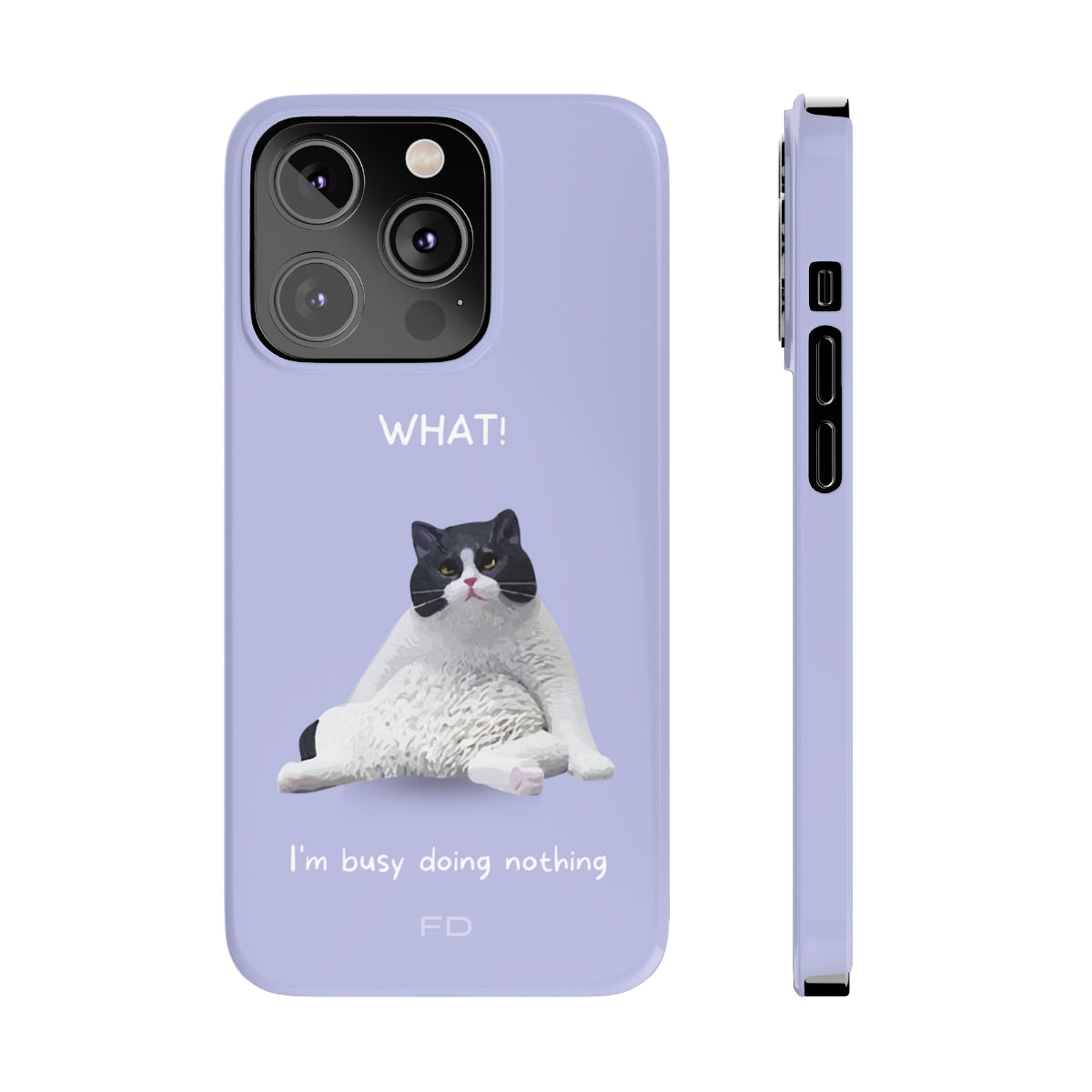 Funny Cat Theme Purple Slim Case for iPhone 14, featuring a playful cat design and glossy finish.