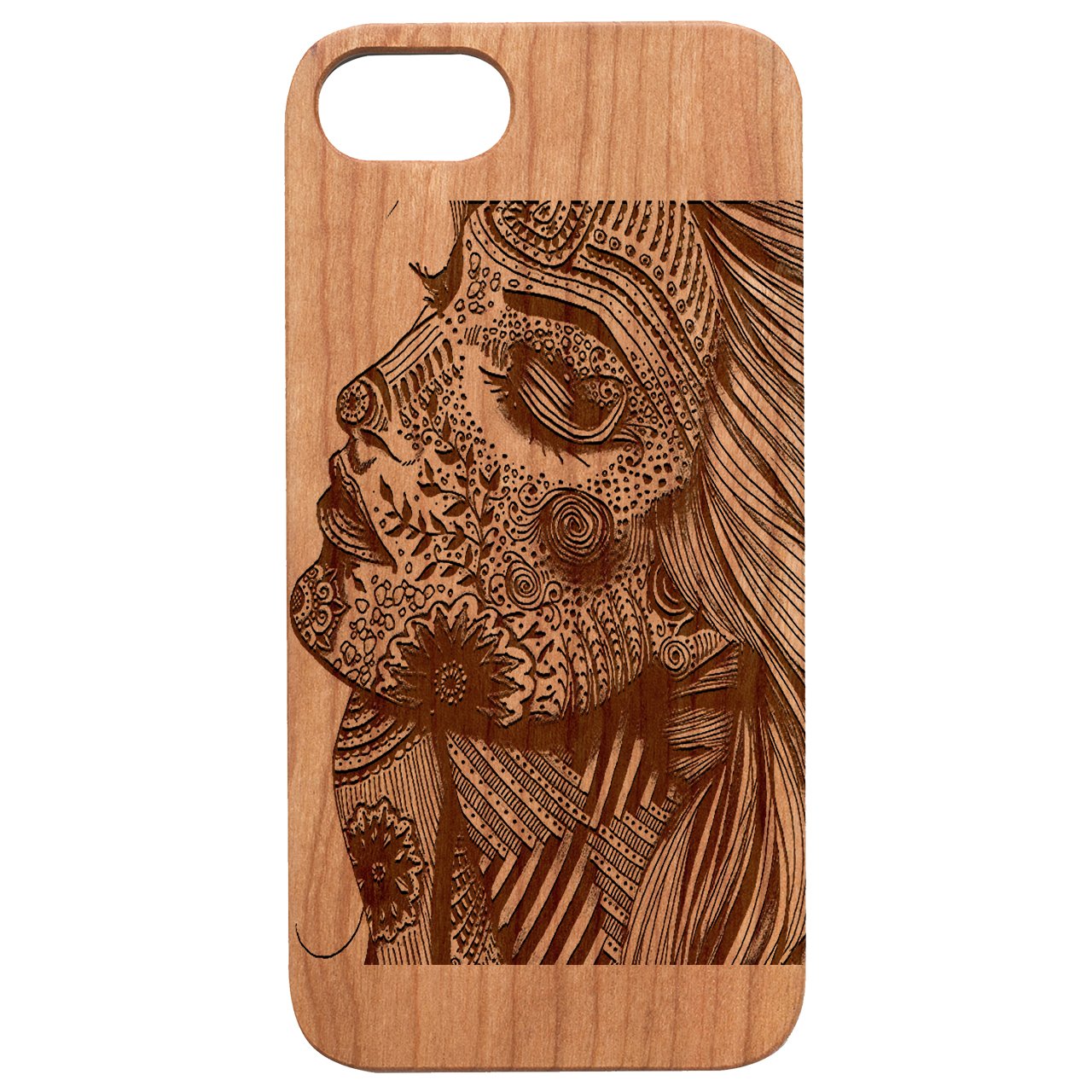 Girl Face 2 - Engraved wooden phone case showcasing intricate laser engraving and natural wood finish.