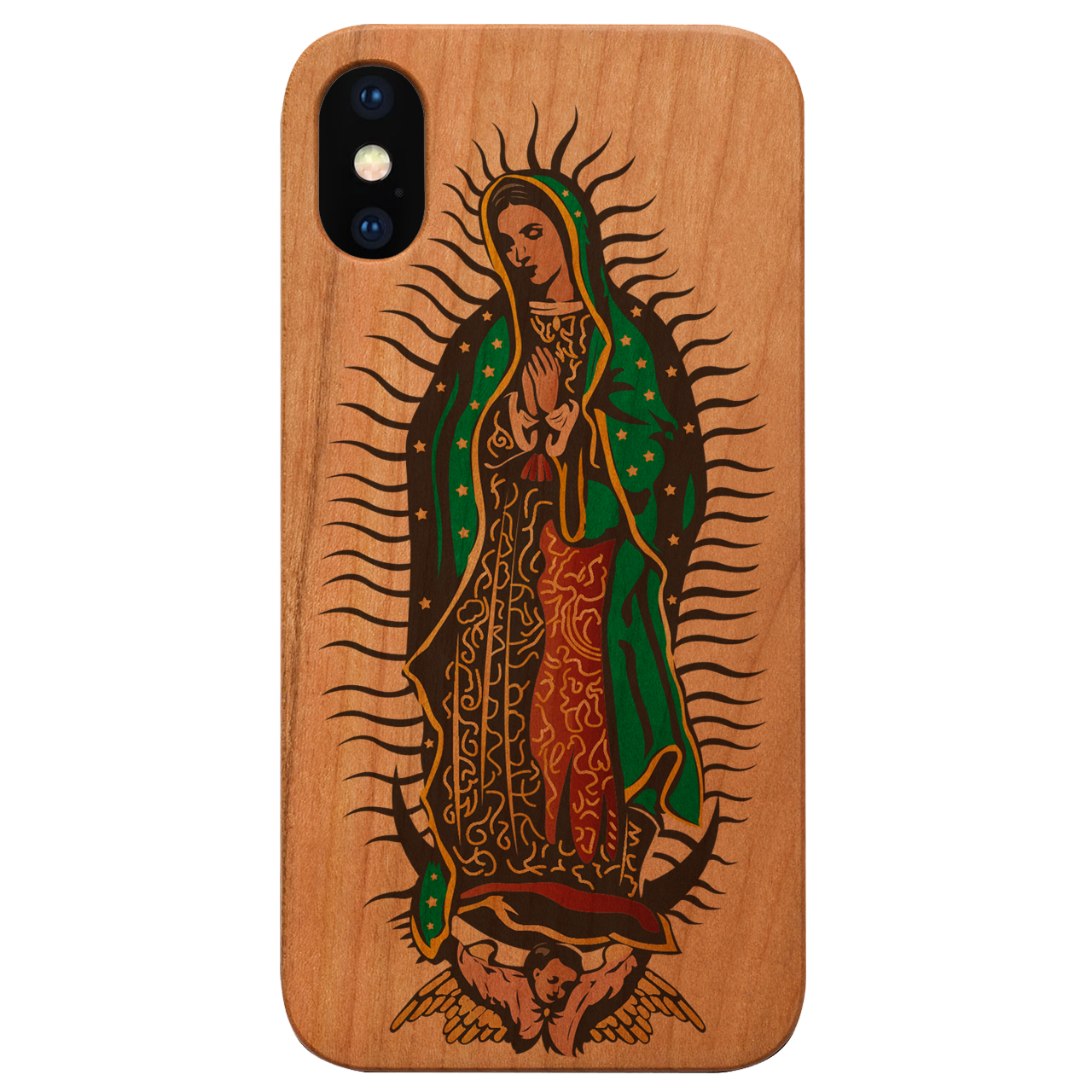 Guadalupe UV Color Printed phone case showcasing unique wood craftsmanship and vibrant designs, perfect for iPhone and Samsung models.