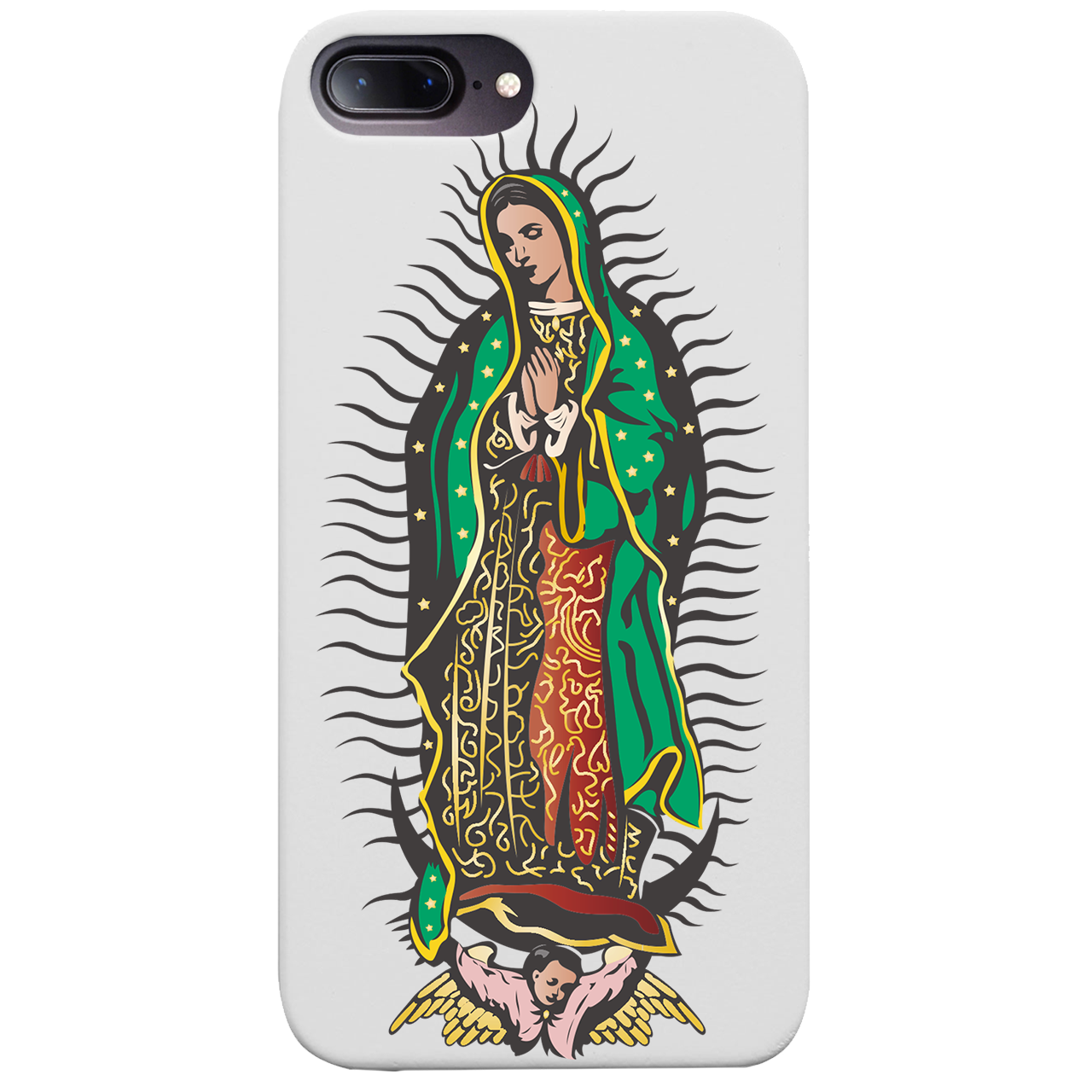 Guadalupe UV Color Printed phone case showcasing unique wood craftsmanship and vibrant designs, perfect for iPhone and Samsung models.