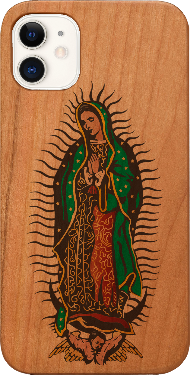 Guadalupe UV Color Printed phone case showcasing unique wood craftsmanship and vibrant designs, perfect for iPhone and Samsung models.