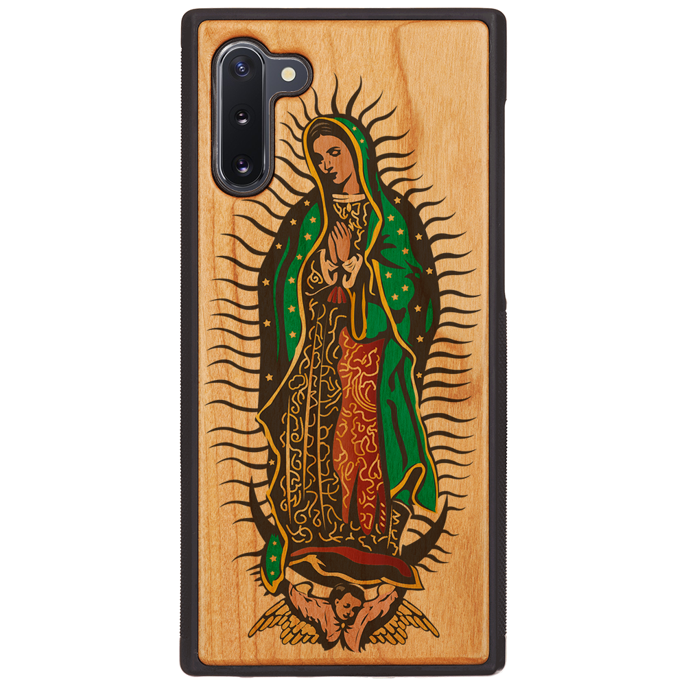 Guadalupe UV Color Printed phone case showcasing unique wood craftsmanship and vibrant designs, perfect for iPhone and Samsung models.