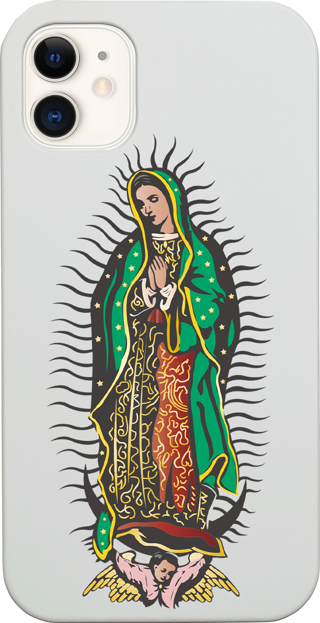 Guadalupe UV Color Printed phone case showcasing unique wood craftsmanship and vibrant designs, perfect for iPhone and Samsung models.