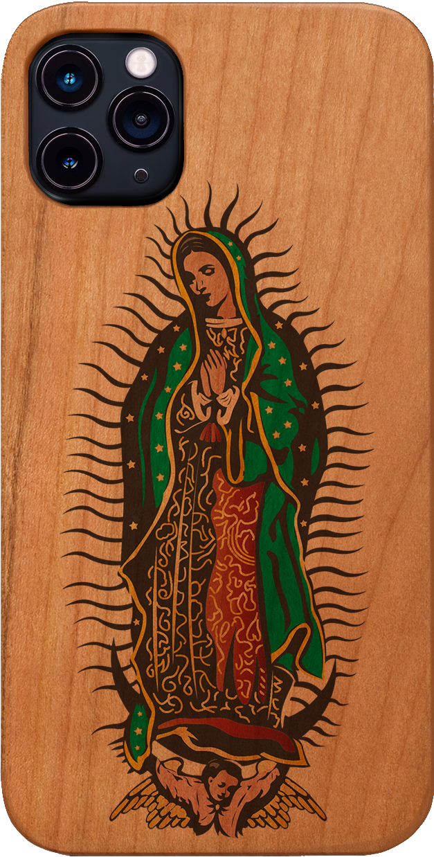 Guadalupe UV Color Printed phone case showcasing unique wood craftsmanship and vibrant designs, perfect for iPhone and Samsung models.